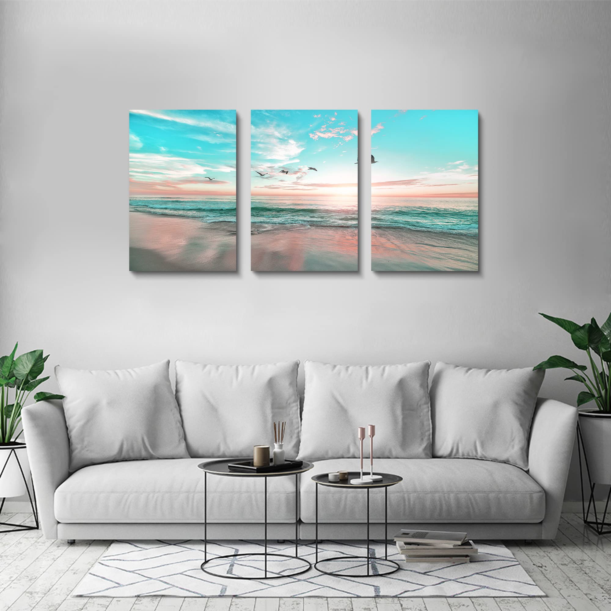EPHANY Ocean Beach Sunset Wall Art - Abstract Blue Sea Landscape Canvas Painting Set of 3 (16x24 inches) for Living Room, Bedroom & Office Decor