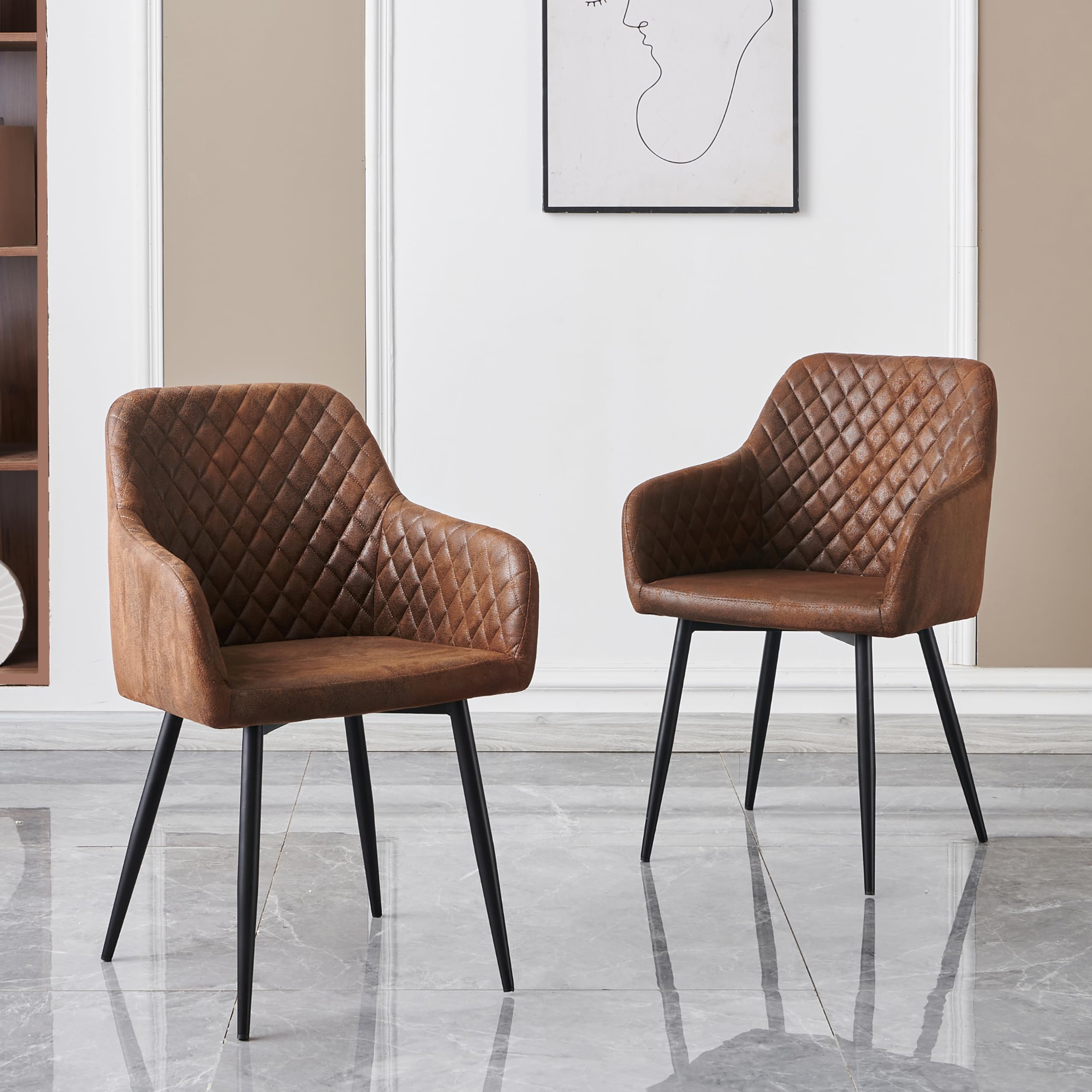 2 Pack Brown High Back Dining Chairs - Modern Suede Upholstered Accent Chairs with Metal Legs for Kitchen, Dining Room & Living Room - Comfortable Seating for Family Meals & Entertaining Guests