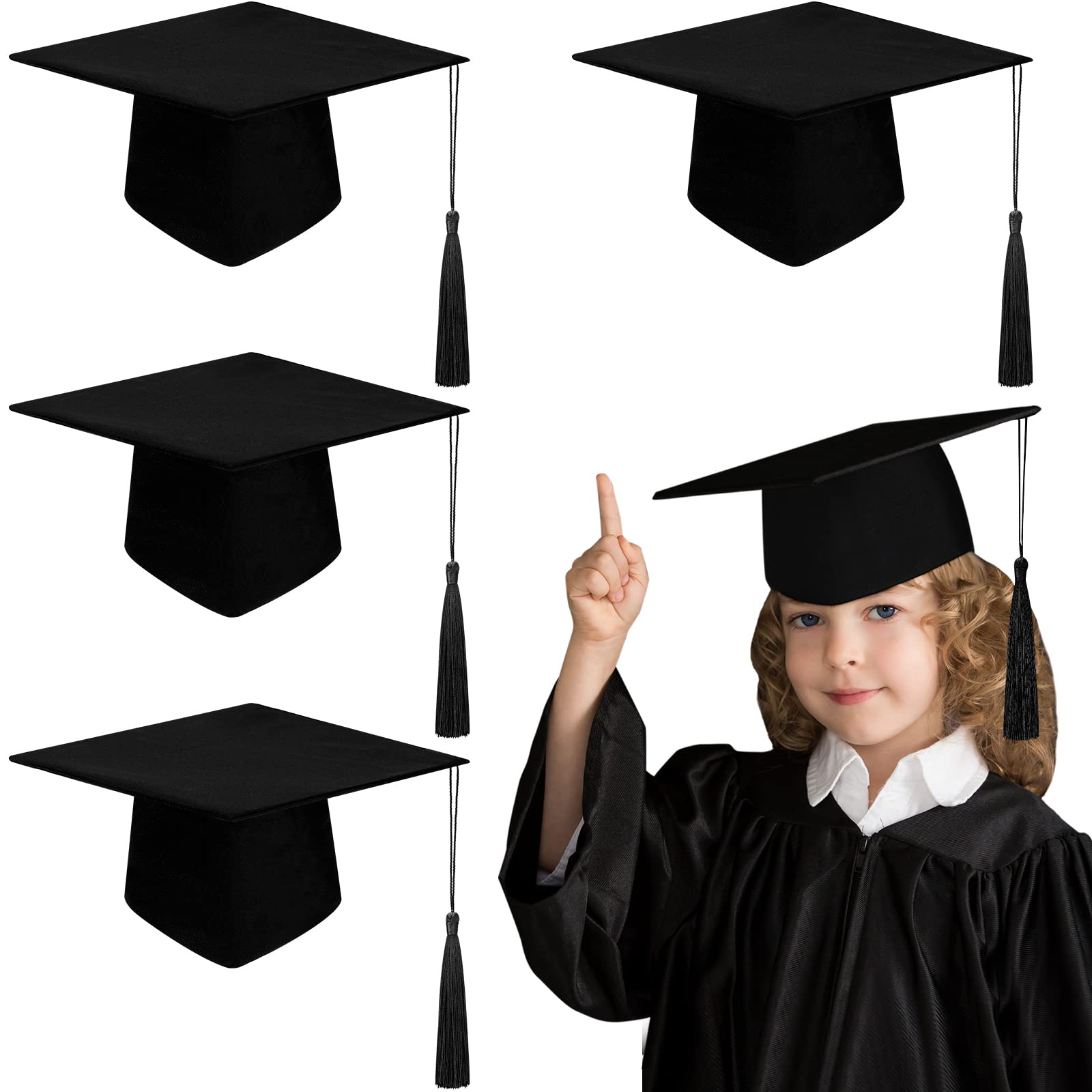 Geyoga 4-Piece Kids Graduation Cap Set with Tassels - Adjustable Black Graduation Hats for Students - Perfect for Kindergarten, Preschool & Elementary School Graduation Ceremonies