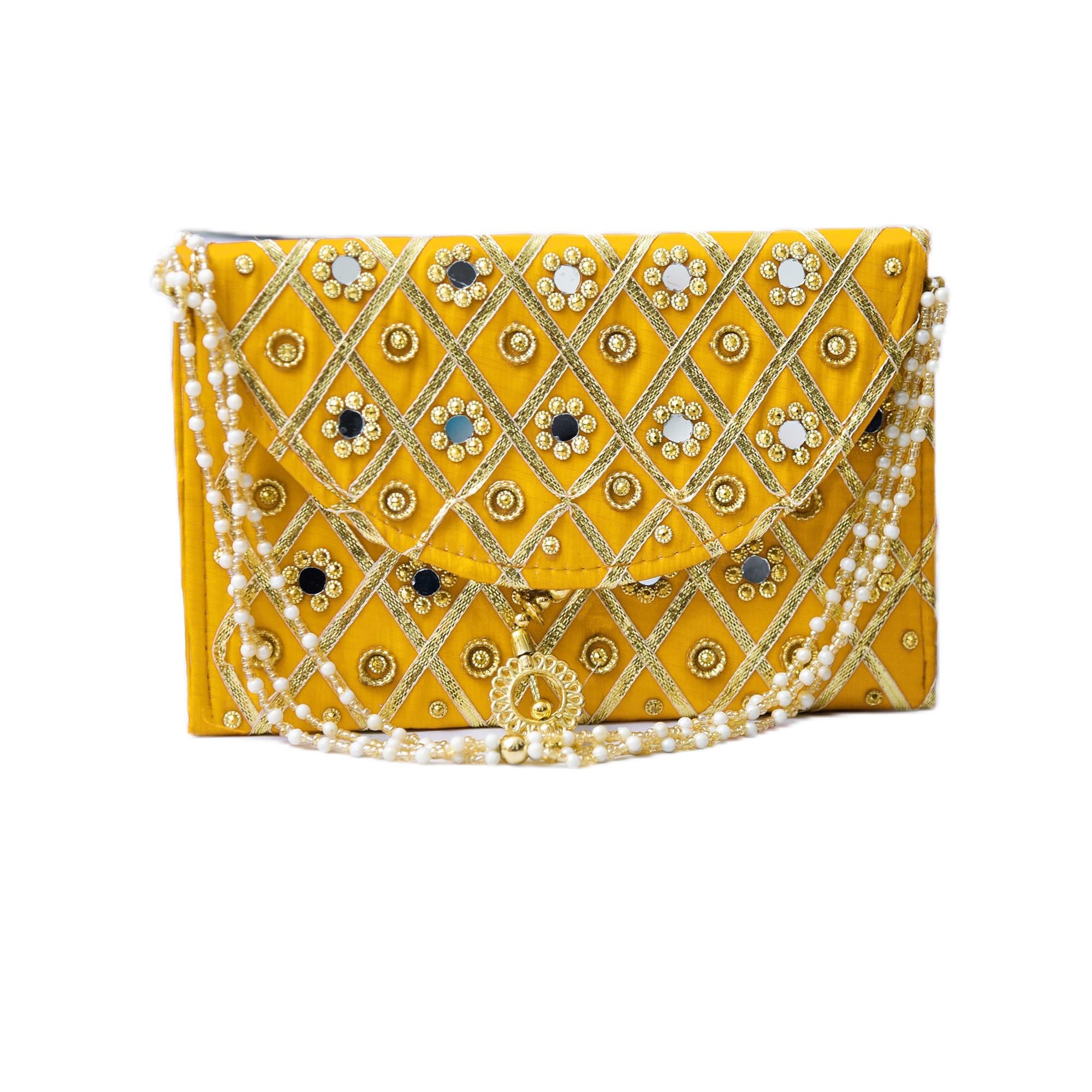 Kuber Industries Women's Clutch Purse with Handle - Traditional Shagun Purse for Baby Shower, Wedding & Gift Giving - Yellow Mirror Check Design - Perfect for Parties, Ceremonies & Special Occasions