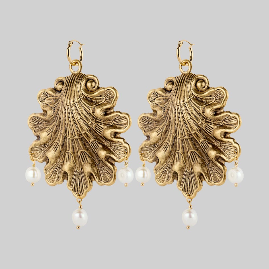 SYRENA Gold Seashell Pearl Hoop Earrings for Women - Elegant Beach Wedding Jewelry, Bridal Accessories, Summer Vacation Gift
