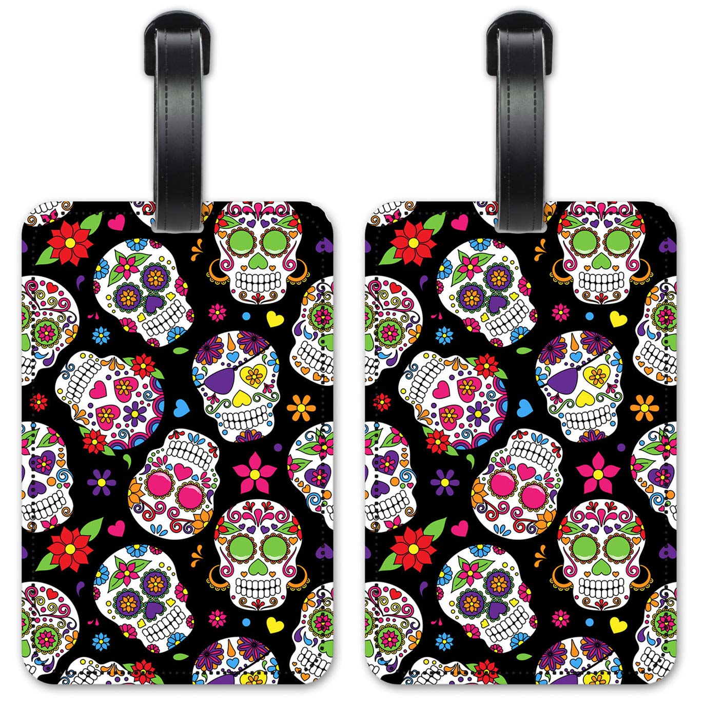 Day of The Dead Skulls Luggage ID Tags - Set of 2 Suitcase Identification Cards with Unique Design - Perfect for Travel, Vacation & Festival Use