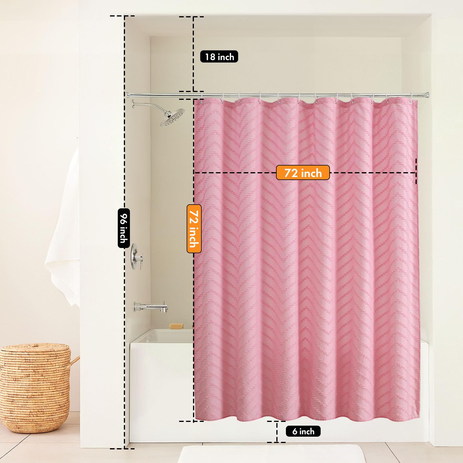 Pink Boho Shower Curtain - Tufted Chevron Textured Bathroom Decor, Modern Minimalist Striped Design, 72x72 Inches - Perfect for Boho Chic, Farmhouse & Modern Bathrooms