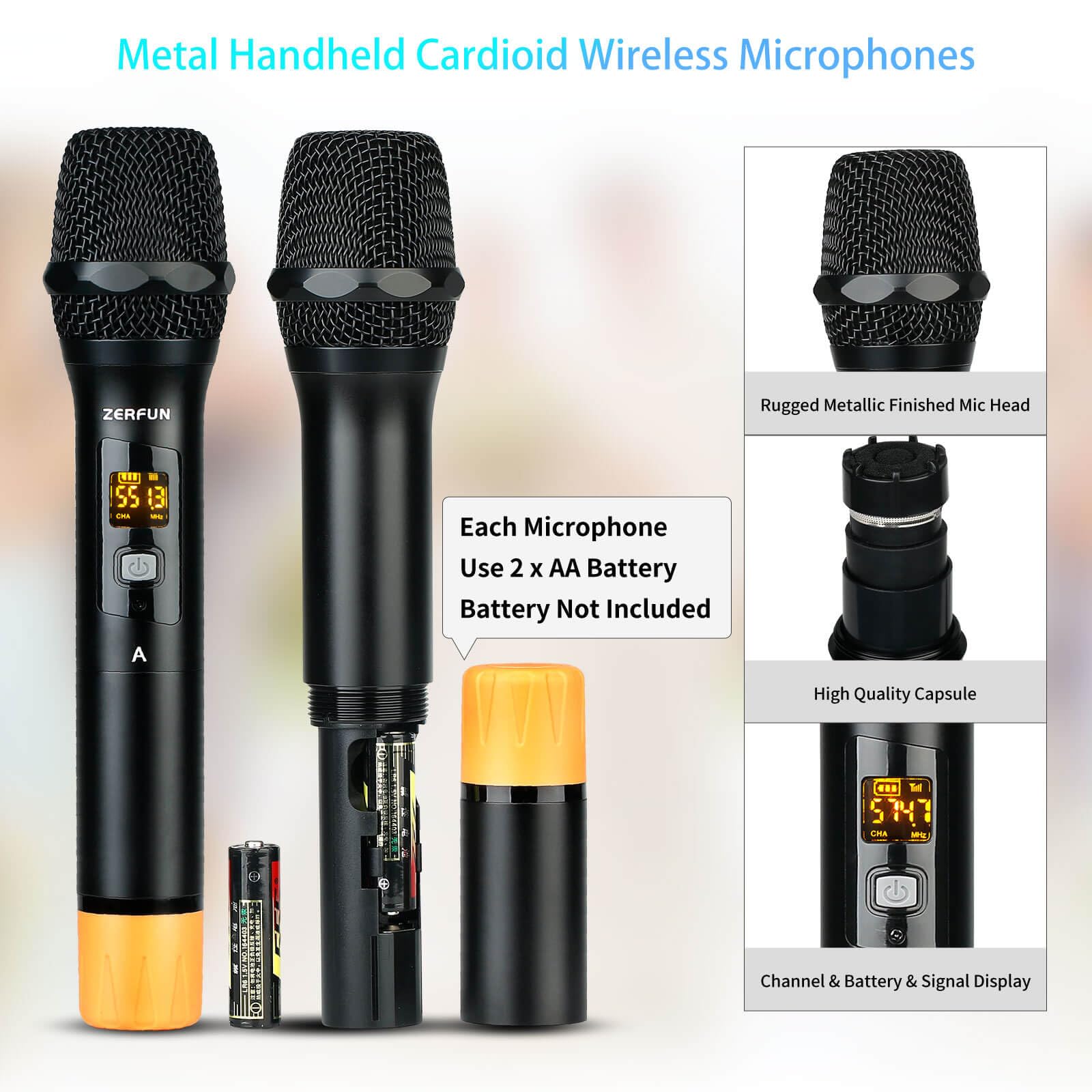 4 Channel UHF Wireless Microphone System - Pro Metal Cordless Handheld & Lavalier Mics for Church, Karaoke, Singing & Events (4x50 Adjustable Frequency, Includes 2 Handheld & 2 Bodypack Mics with G8 Batteries) - Perfect for Worship Services, Live Performances & Home Karaoke Parties
