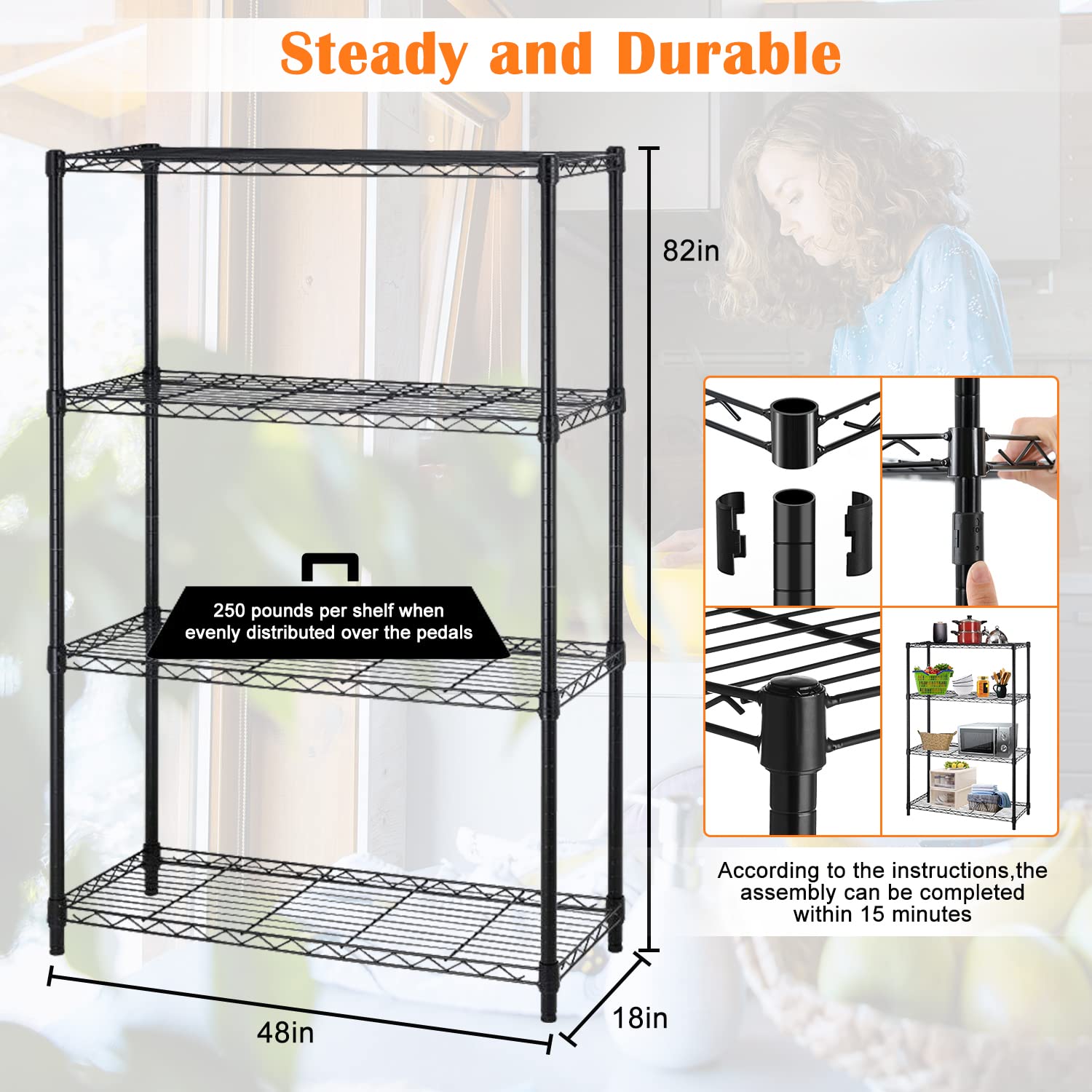 4-Tier Heavy Duty Metal Storage Shelves - NSF Certified Commercial Grade Steel Utility Shelf with Adjustable Height & 1000 lbs Capacity (14x36x54, Black) - Perfect for Garage, Warehouse, Pantry & Retail Store Organization