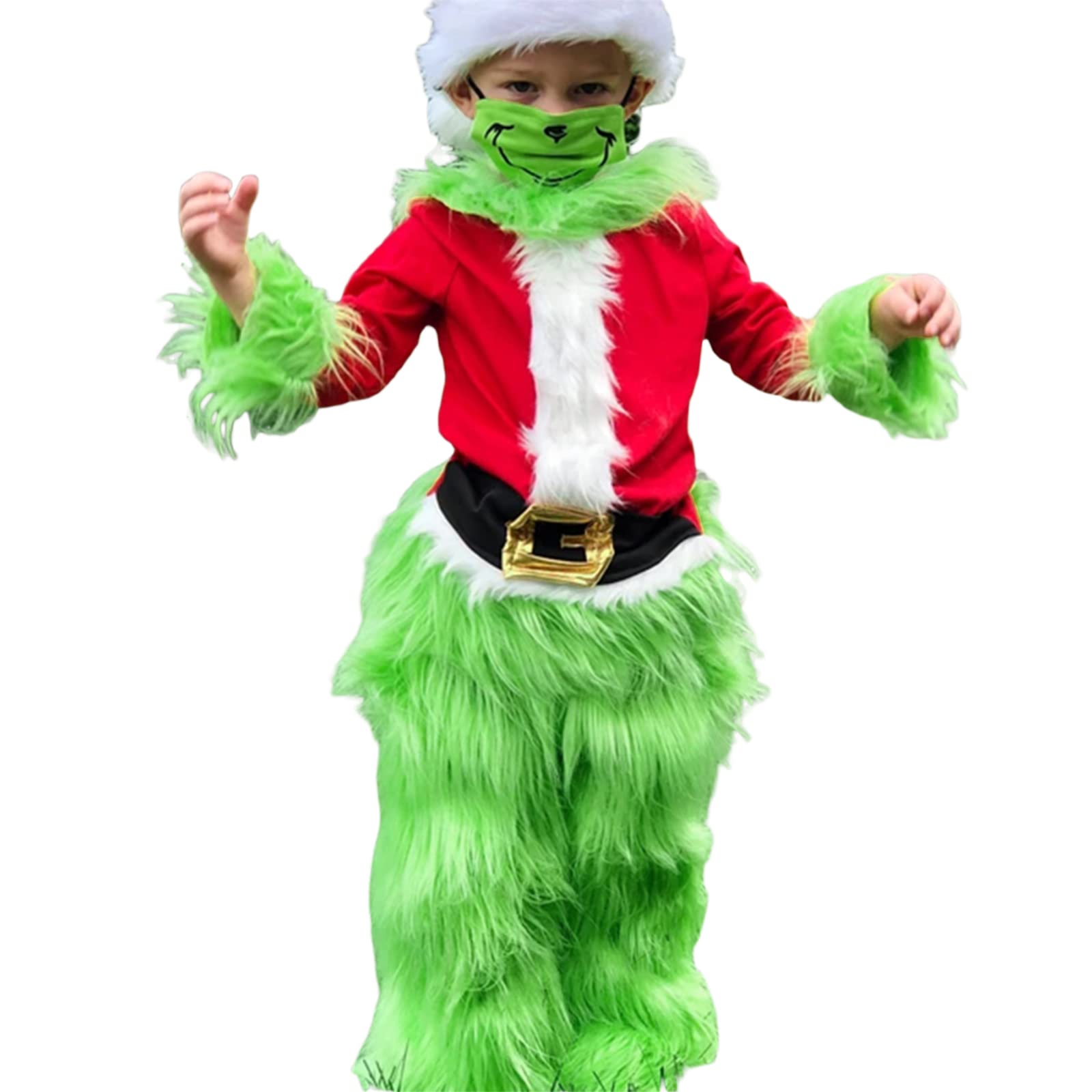 Kids Christmas Cosplay Costume - Green Furry Monster Hooded Santa Outfit with Matching Pants Set | Holiday Party, School Play & Family Photo Costume