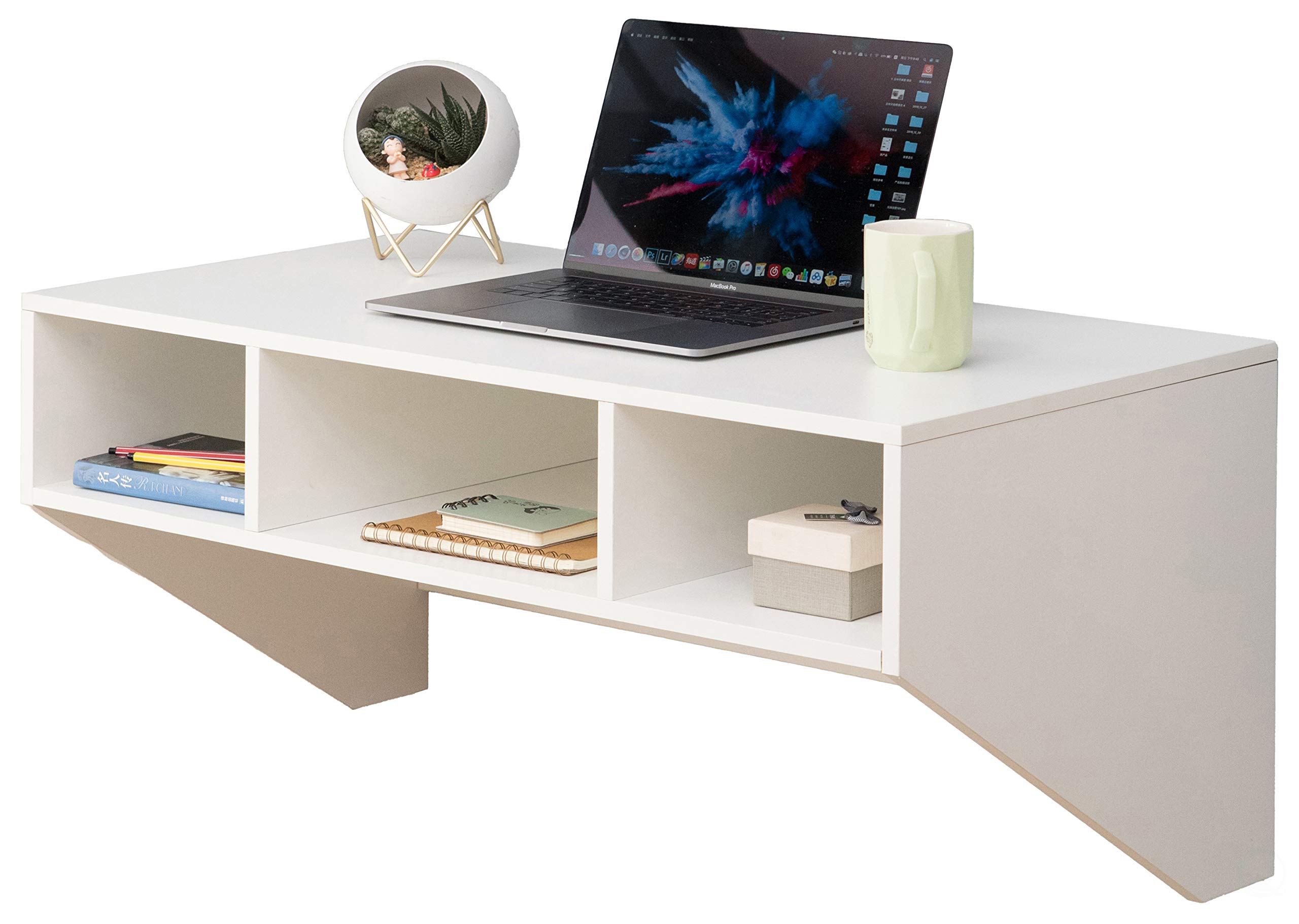 Wall Mounted Office Computer Desk with 3 Compartments - Space Saving Floating Workstation for Small Spaces, Home Office & Study Room - White Modern Design