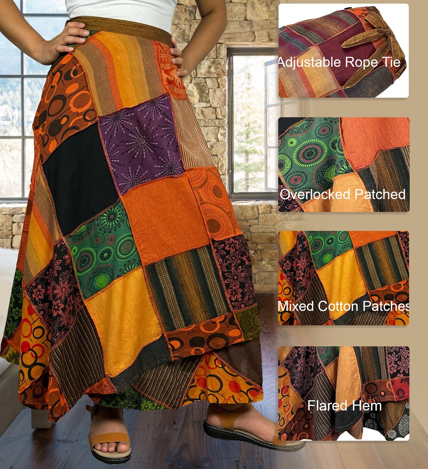 Boho Maxi Skirt for Women - 2025 Spring & Fall High Waisted Long Skirt with Patchwork & Tie-Up Design | Perfect for Beach Cover Up, Music Festivals & Bohemian Style Outfits