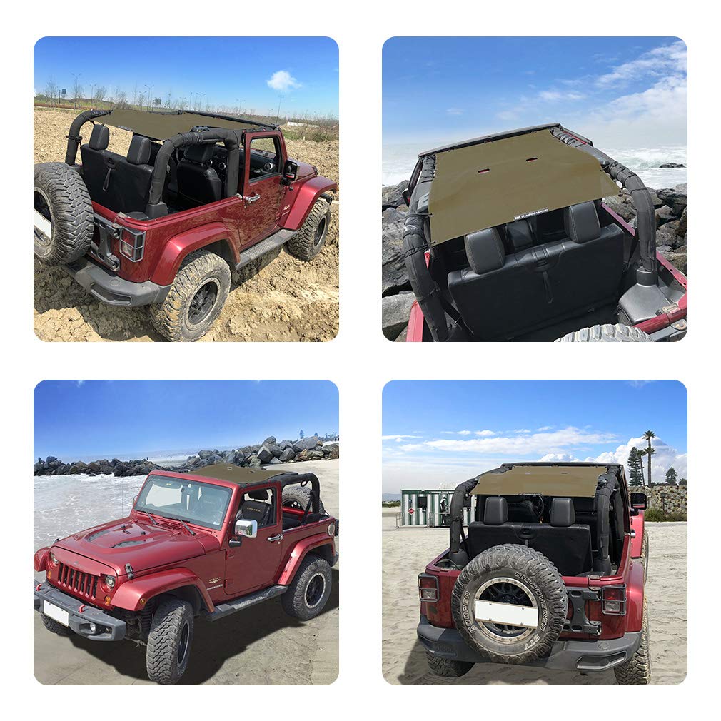 Jeep Wrangler JK Sun Shade Top (2007-2018) - Soft Mesh Roof Cover for 2 Door Models | UV Protection & Wind Noise Reduction | Tank Green Color | 10 Year Warranty | Perfect for Off-Roading, Beach Trips & Summer Driving