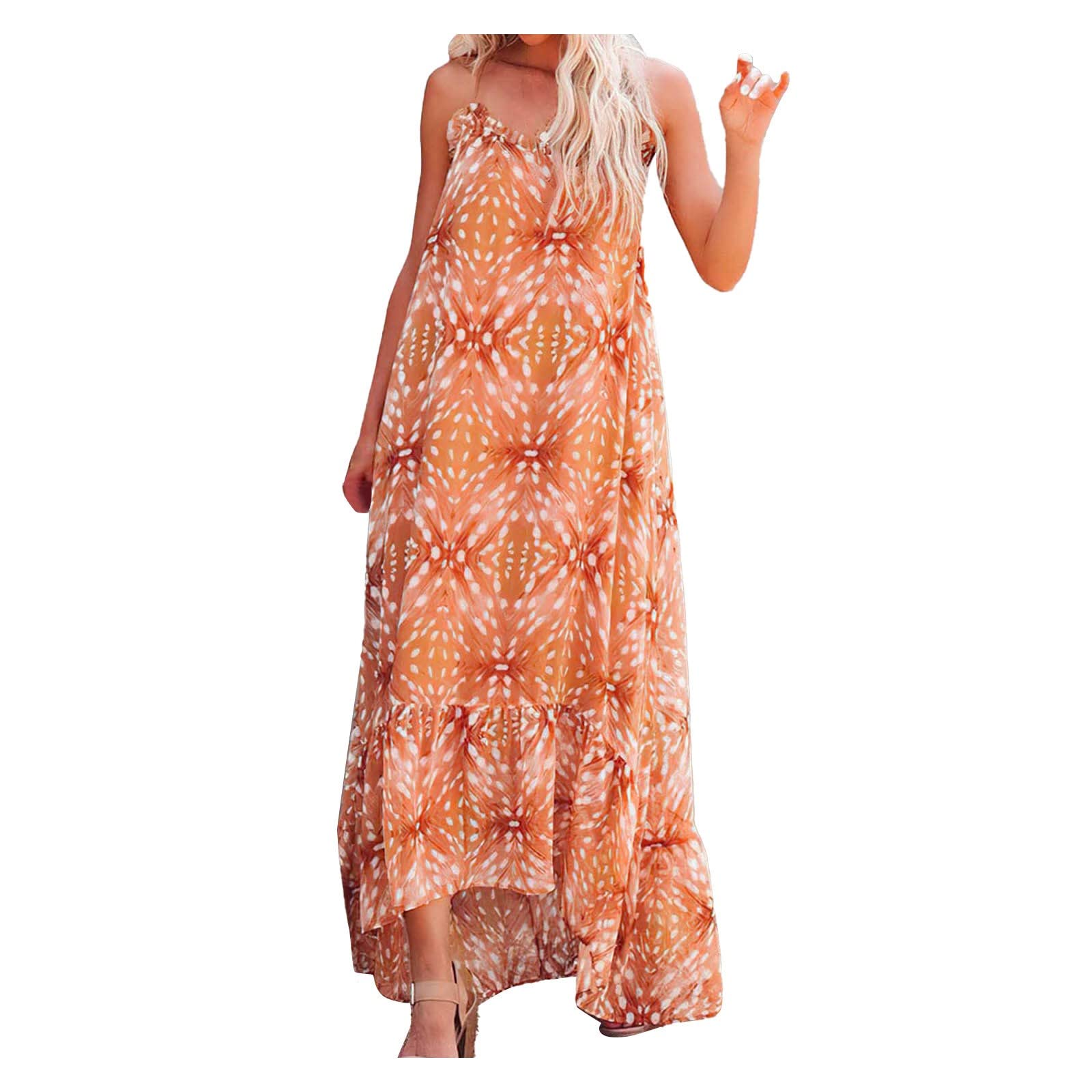 Sexy Summer Sun Dresses for Women - Sleeveless Flowy Ruffle Maxi Dress Plus Size Wedding Guest Outfit - Perfect for Beach Vacations, Garden Parties & Date Nights