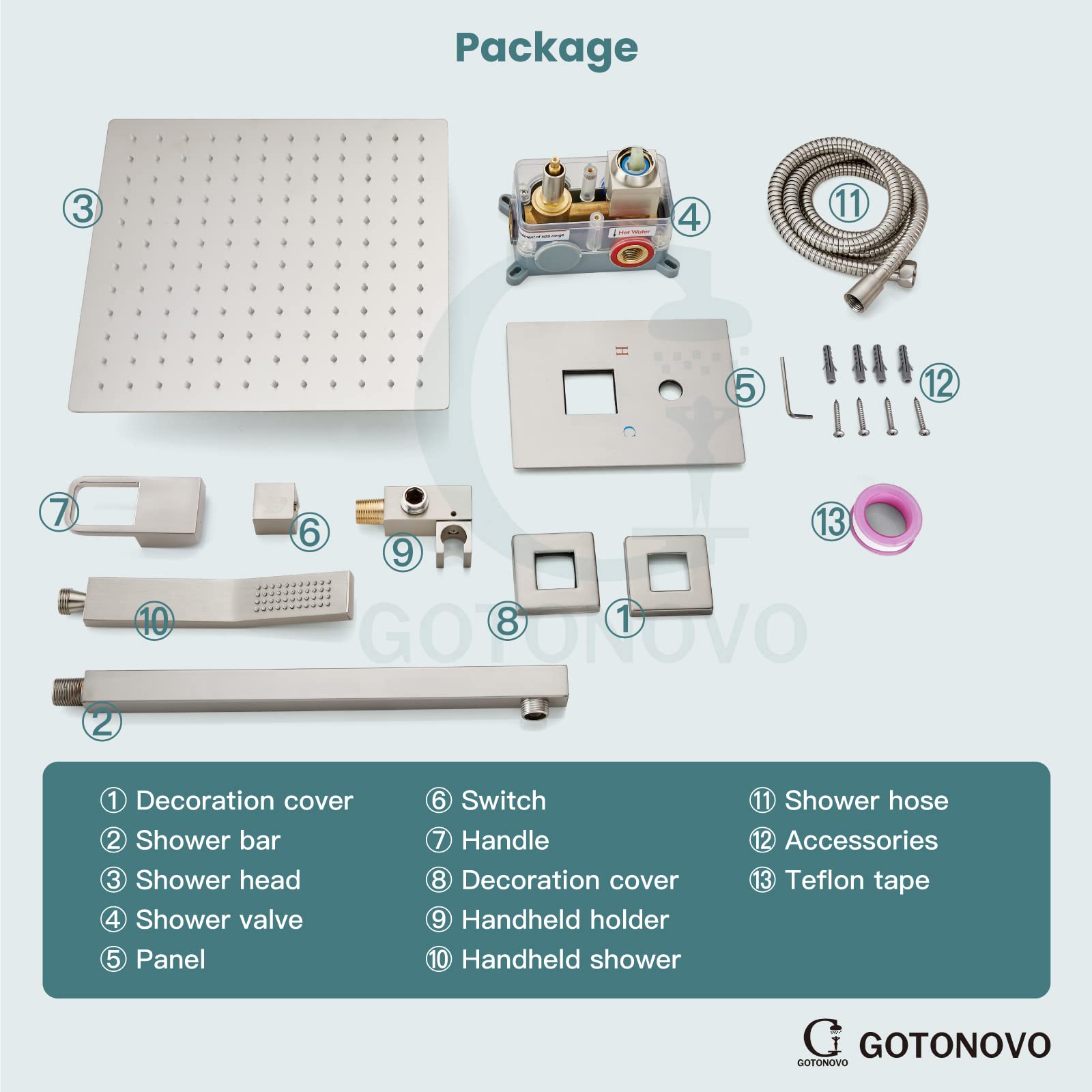 Gotonovo Brushed Nickel Rainfall Shower System Set - 10 Inch Shower Head with Handheld Spray, Wall Mount Mixer Valve & Trim Kit for Modern Bathroom | Perfect for Spa-Like Experience and Luxury Home Renovation