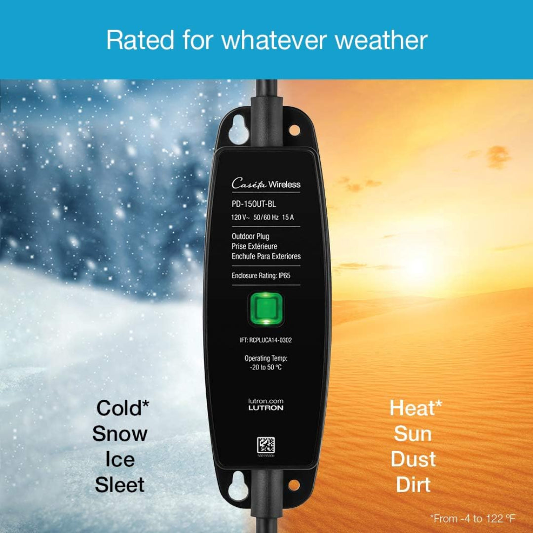 Lutron Caséta Weatherproof Outdoor Smart Plug On/Off Switch - PD-15OUT-BL | Smart Home Landscape & String Light Control | Black | Perfect for Patio, Garden & Holiday Decorations