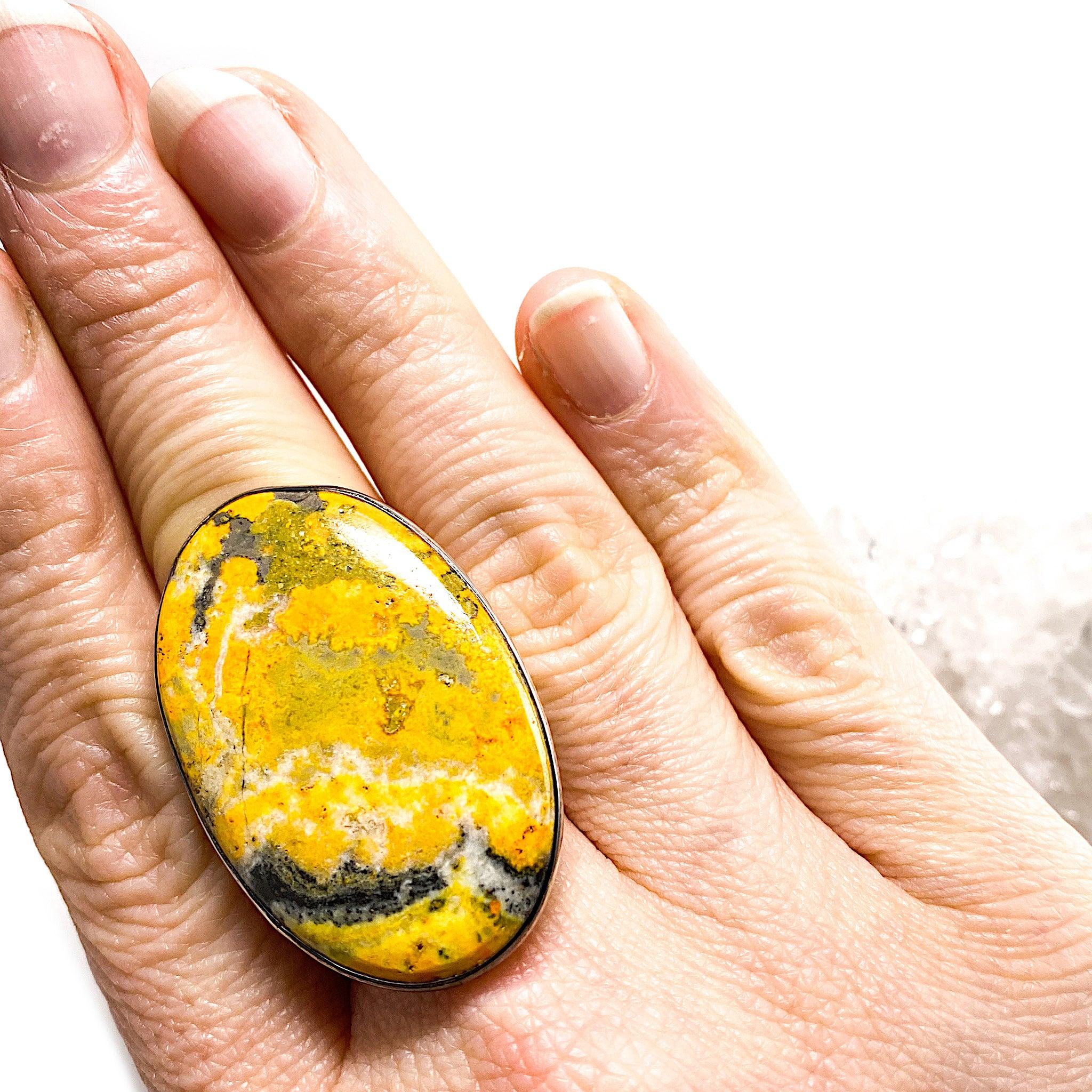 Bumble Bee Jasper Oval Cabochon Ring - Size 10.5 (KRGJ1182) | Handmade Gemstone Jewelry for Women, Boho Chic Fashion Accessory - Perfect for Gift Giving, Wedding, or Everyday Wear