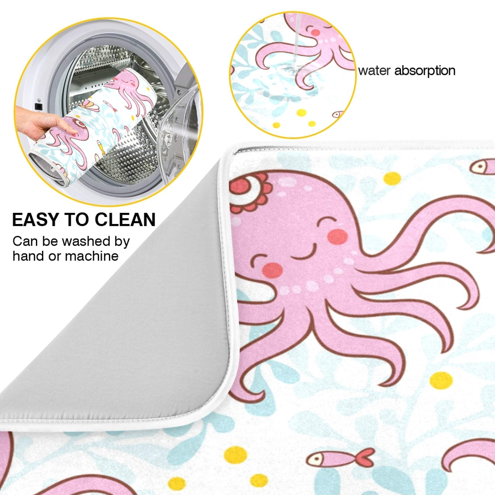 Pink Octopus Dish Drying Mat - Super Absorbent Reversible Microfiber for Kitchen Counter (18x24 Inch) - Perfect for Dishes & Utensils