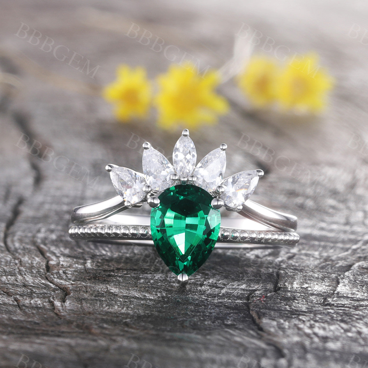 Pear Emerald Marquise Cut Cluster Ring - Handmade Stackable Band Jewelry for Women - Perfect for Weddings, Anniversaries & Everyday Elegance