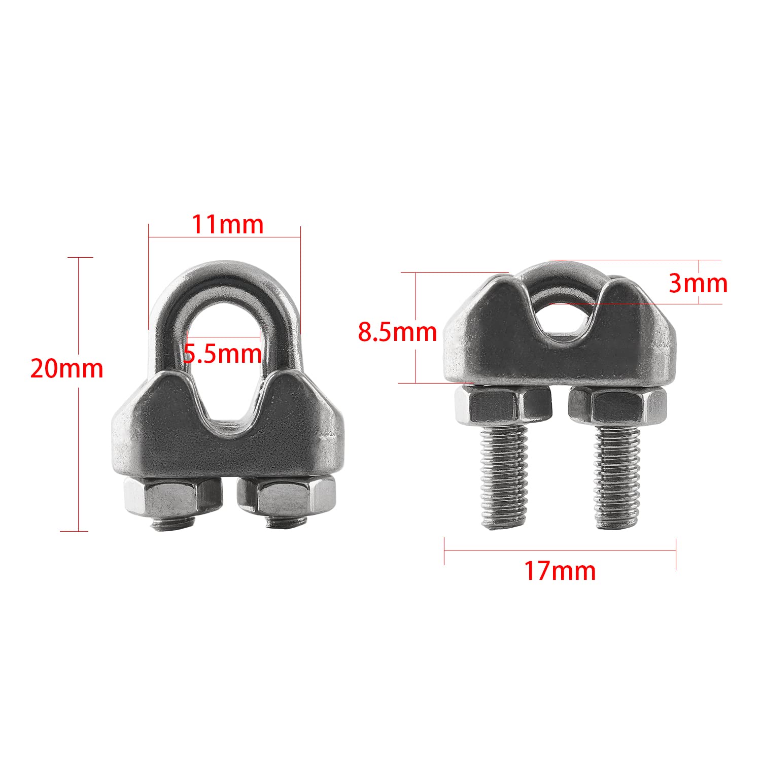 HSTECH 20PCS 1/8 Inch M3 304 Stainless Steel Wire Rope Cable Clips Clamps - Heavy Duty for Rigging, Guardrails, Load Securing, Hanging Banners & Flags - Perfect for Marine, Construction, DIY Projects