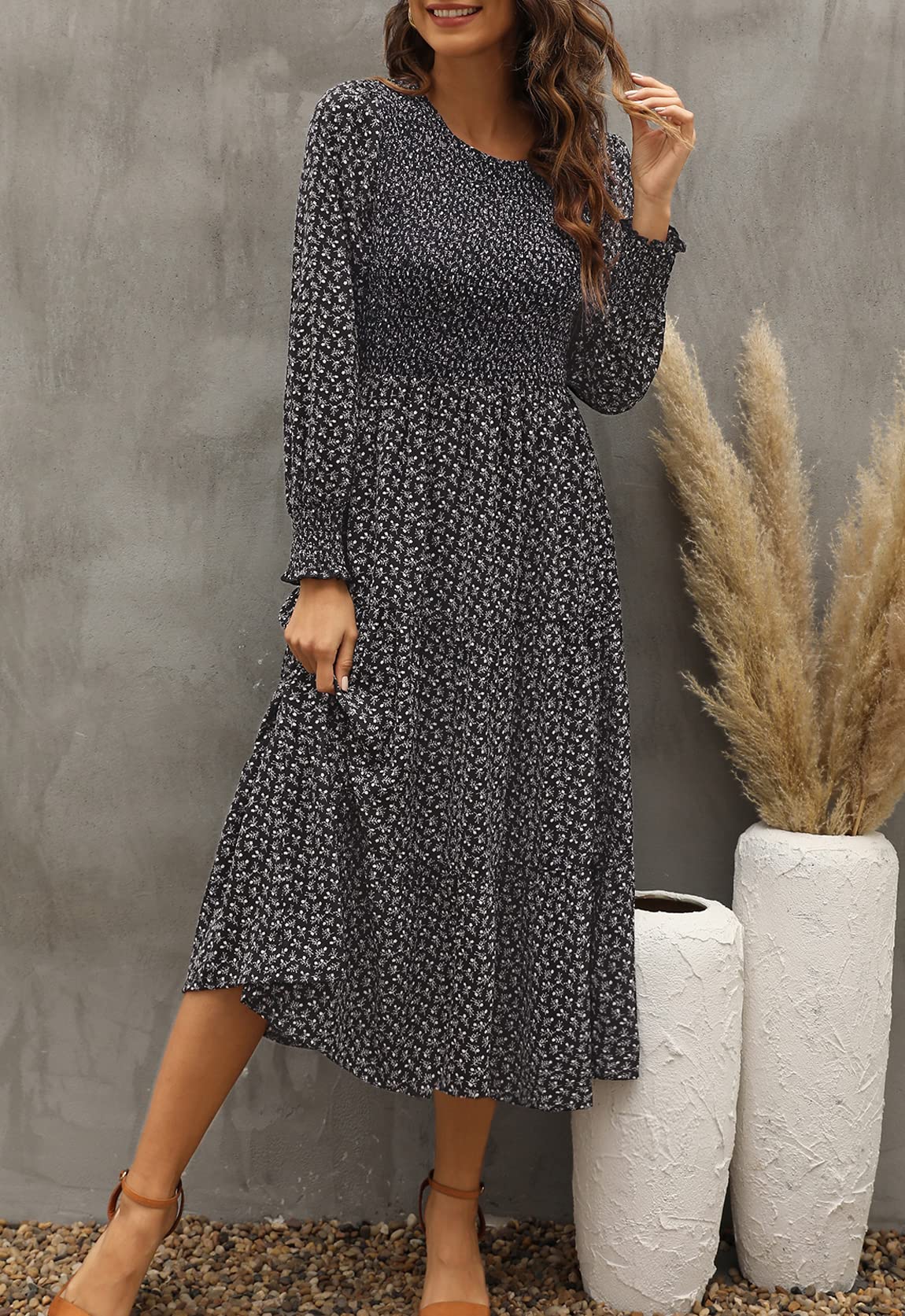 Zattcas Women's Fall Dresses 2025 - Casual Long Sleeve Smocked Boho Floral Tiered Midi Dress with Pockets for Wedding Guest, Party, Church & Autumn Outings