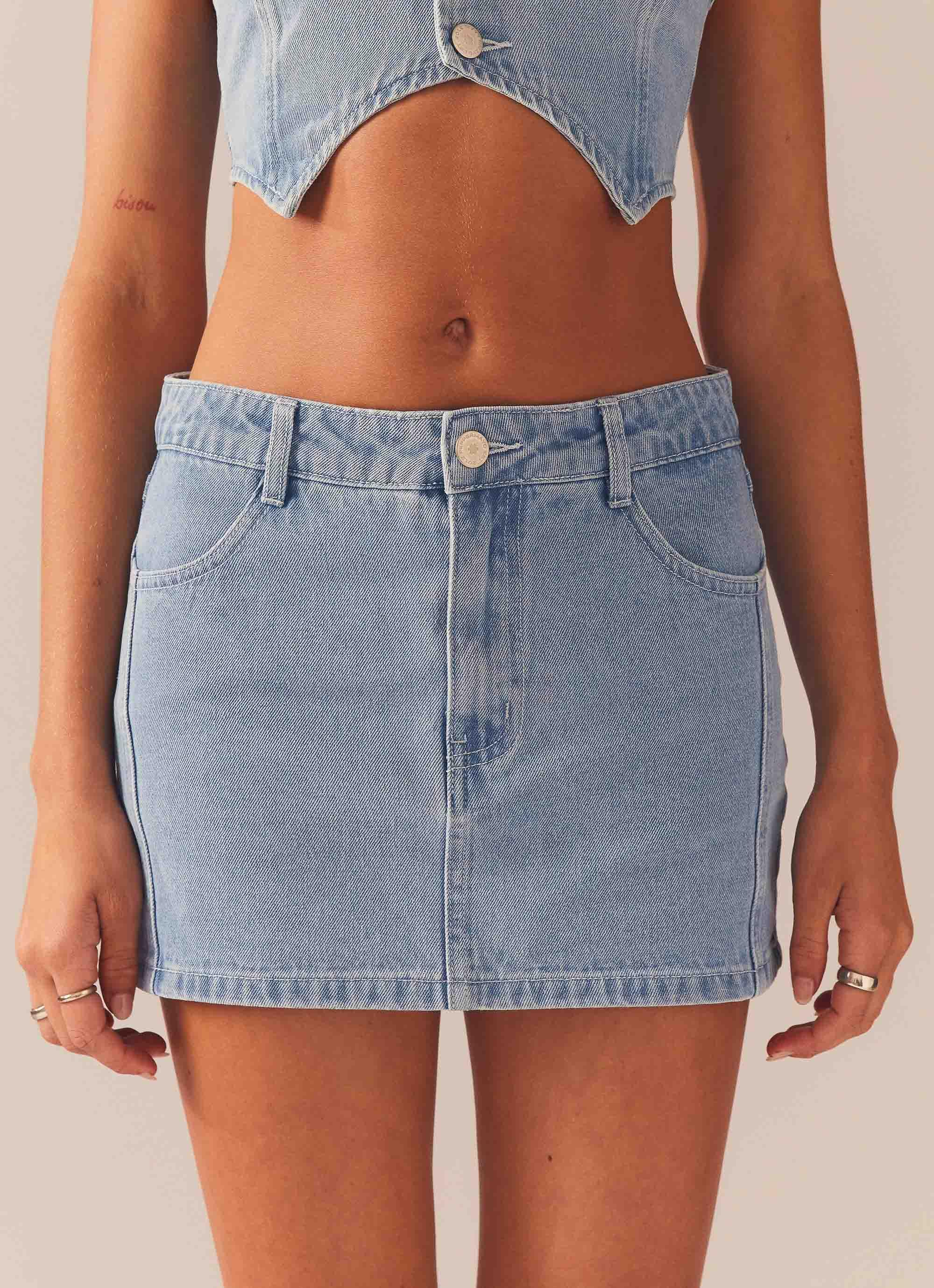 Giddy Up Denim Mini Skirt for Women - Vintage Washed Blue Denim Skirt | Perfect for Casual Outfits, Music Festivals & Western Style Looks