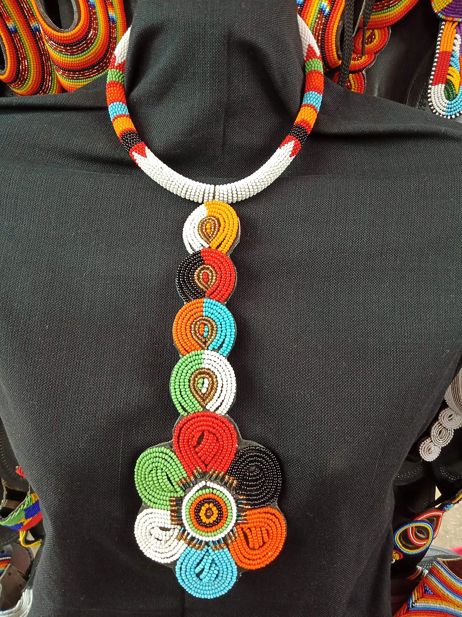 African Beaded Necklace - Maasai Choker in White, Green & Orange | Gift for Her | Safari & Festival Wear