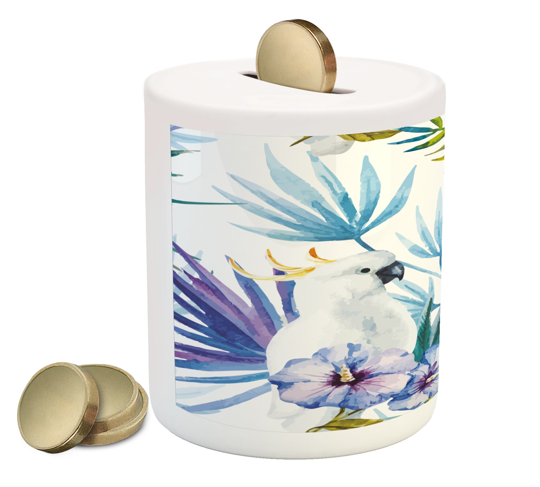 Ambesonne Tropical Piggy Bank - Watercolor White Parrot & Palm Tree Design Ceramic Coin Bank for Cash Savings | Exotic Nature Art Money Box | Perfect for Kids' Savings, Home Decor & Gift Giving