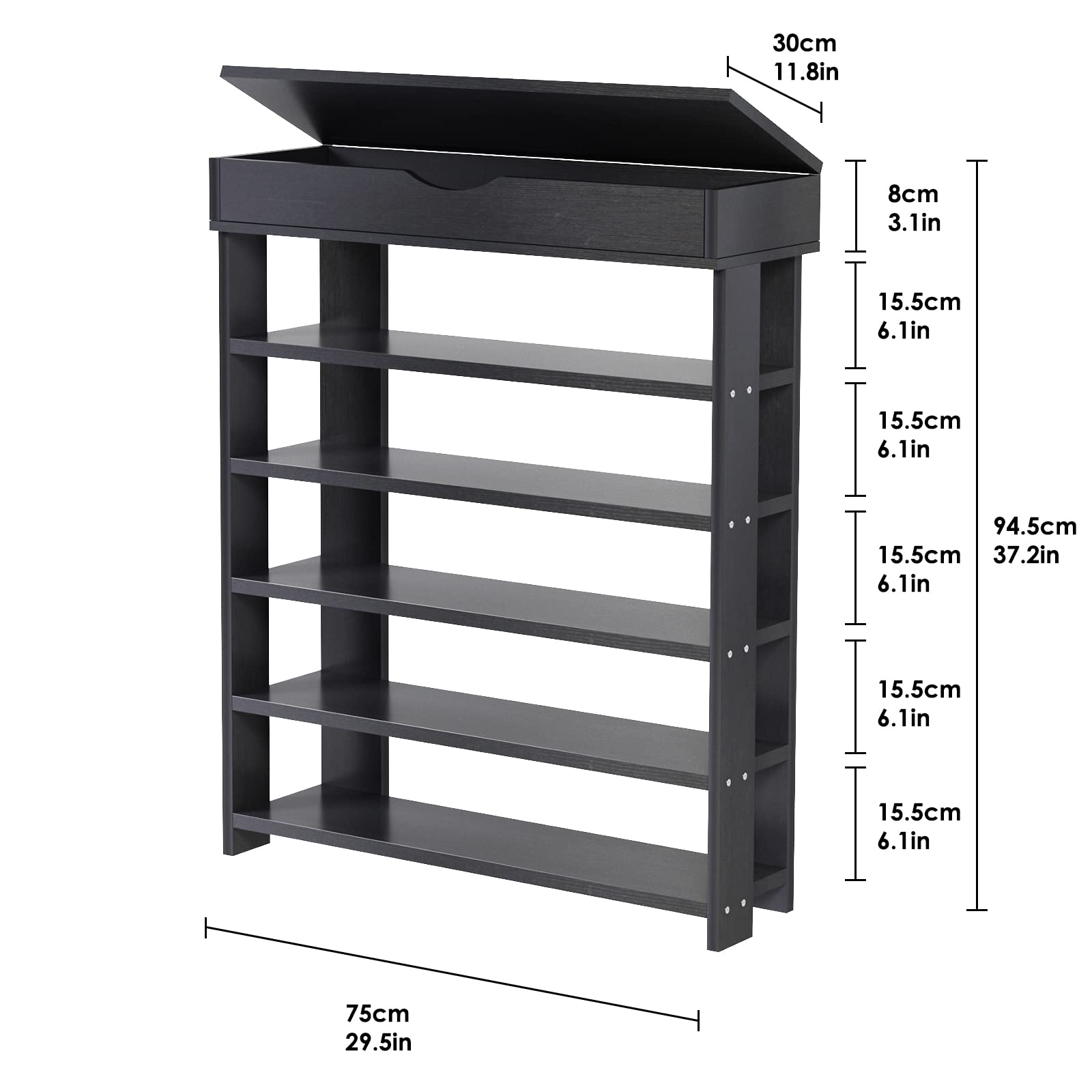 DlandHome 5-Tier Wooden Shoe Rack Storage Cabinet - Organizer for Shoes, Heels & Sneakers - Entryway, Hallway, Closet or Living Room Storage Solution - Perfect for Small Spaces & Home Organization (Black)