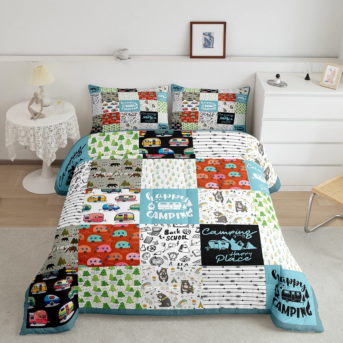 Feelyou Camping Theme Bedding Set - Kids Camper Comforter Set with Travel Car Pattern, Queen Size Duvet Cover for Boys & Girls | Perfect for Camping Trips, RV Adventures & Cozy Bedroom Decor