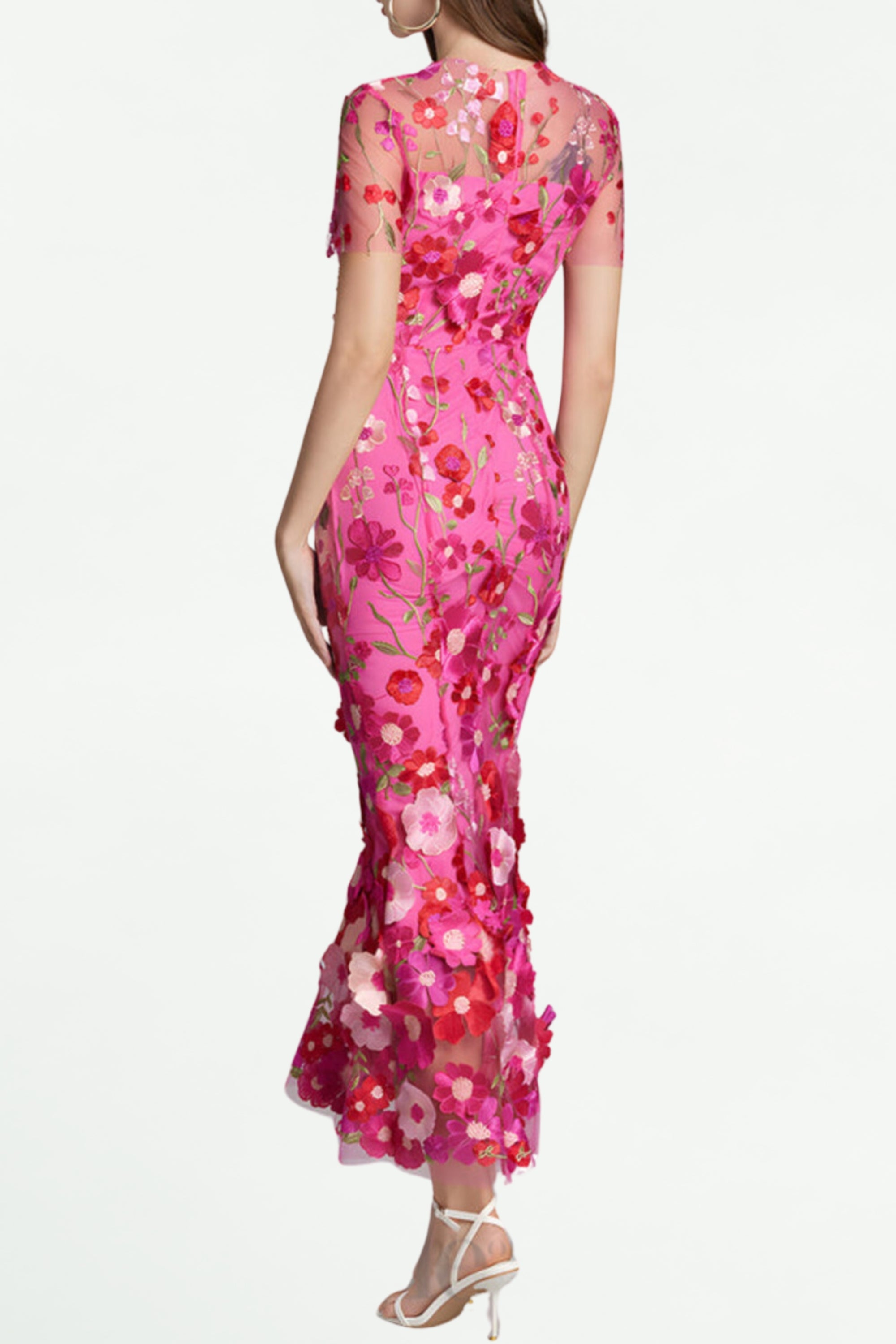 Carol Rose Red Floral Embroidered Mesh Fishtail Midi Dress - Elegant Party & Evening Wear for Women