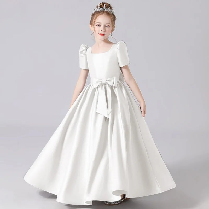 Elegant Lace-Up Flower Girl Dress for Pageants - Soft Satin Girls Gown for Weddings, Baptisms & Special Occasions