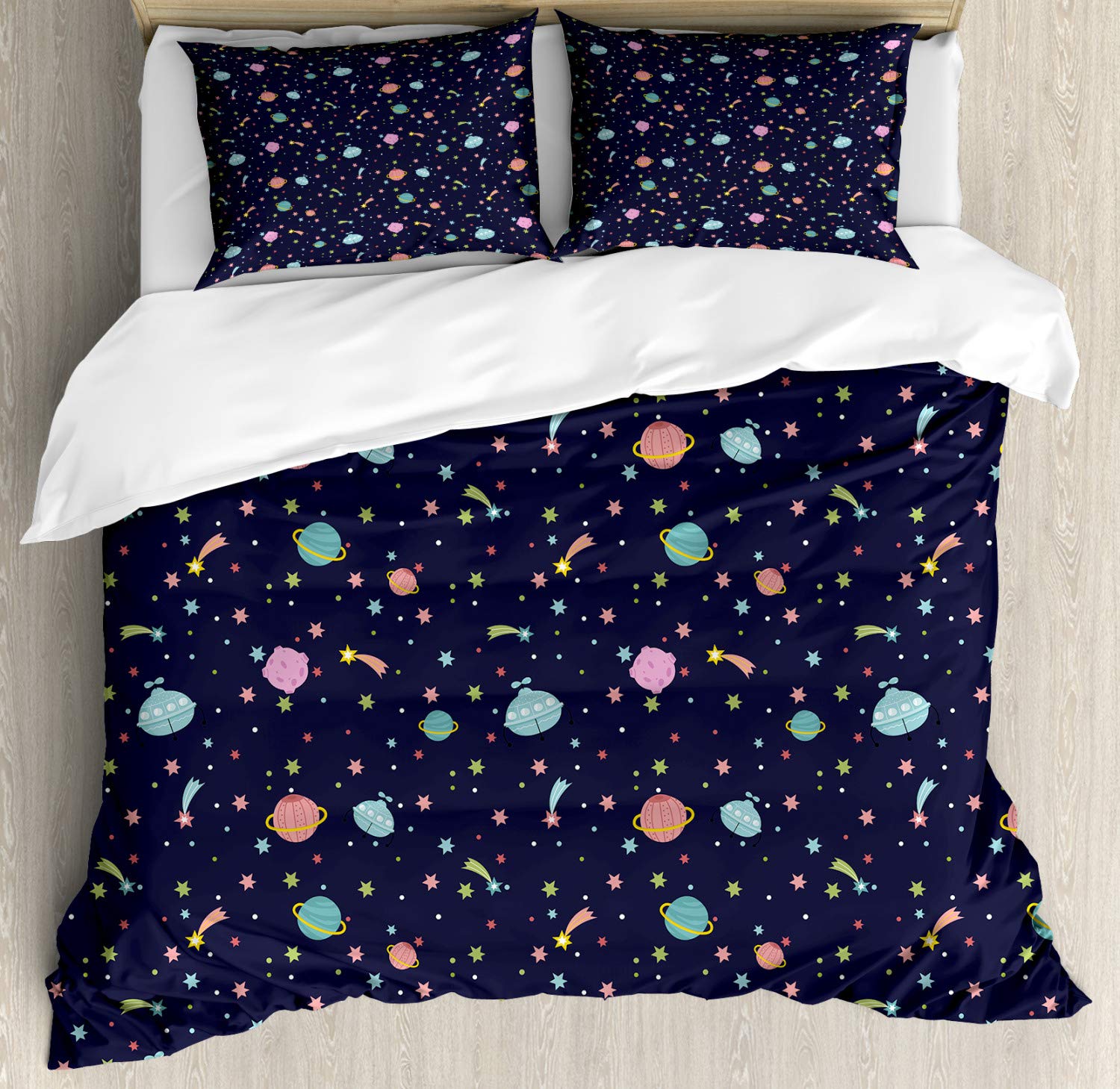 Ambesonne Space Duvet Cover Set - Galaxy Print with Alien Planets, Shooting Stars & Polka Dots - 3 Piece Bedding Set Includes 2 Pillow Shams - California King Size Navy Blue - Perfect for Sci-Fi Themed Bedrooms & Astronomy Lovers