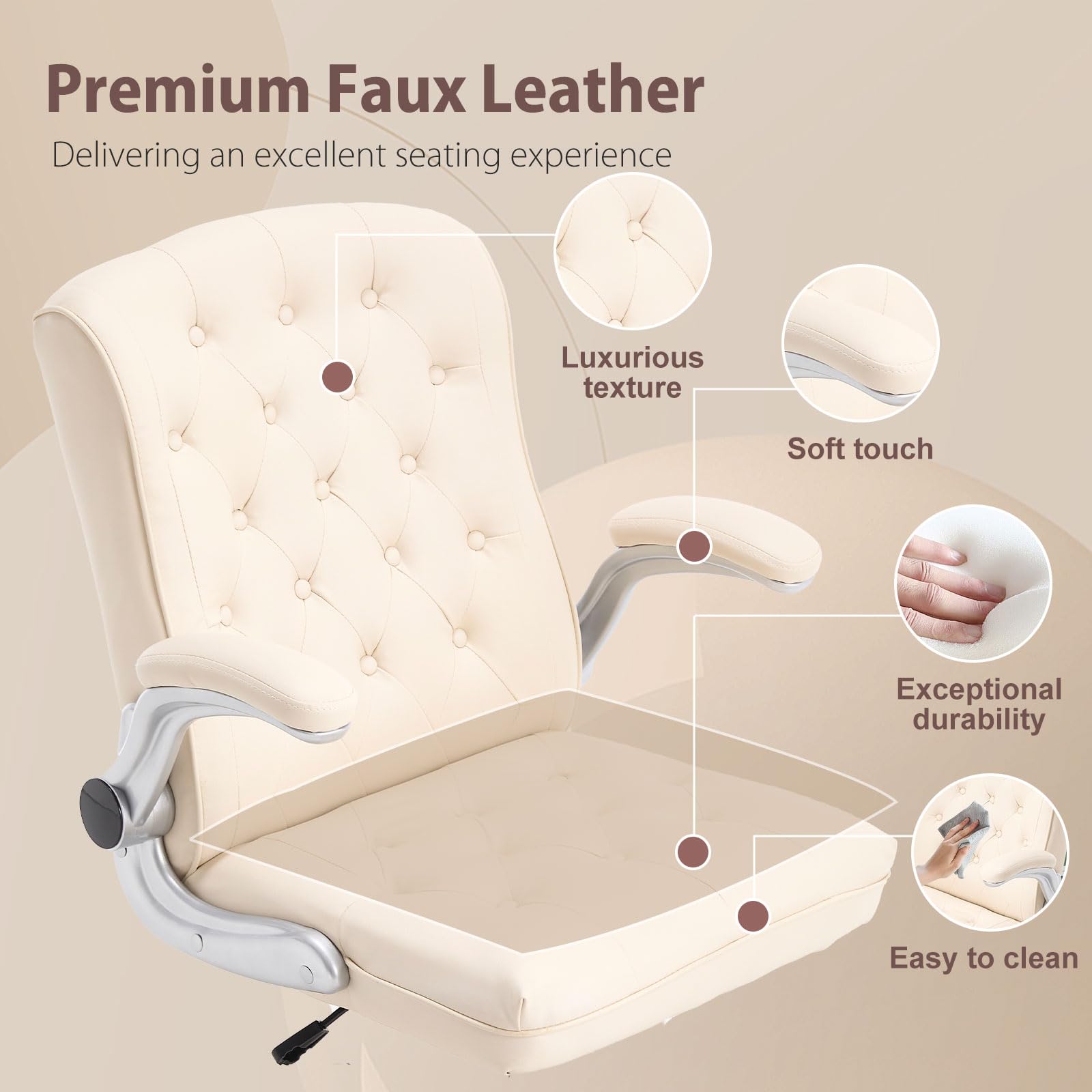 Modern Leather Office Chair - Ergonomic Mid-Back Executive Desk Chair with Flip-Up Arms, Swivel & Rocking Base, Wheels for Home Office | Comfortable Computer Task Chair for Work, Gaming & Conference Rooms