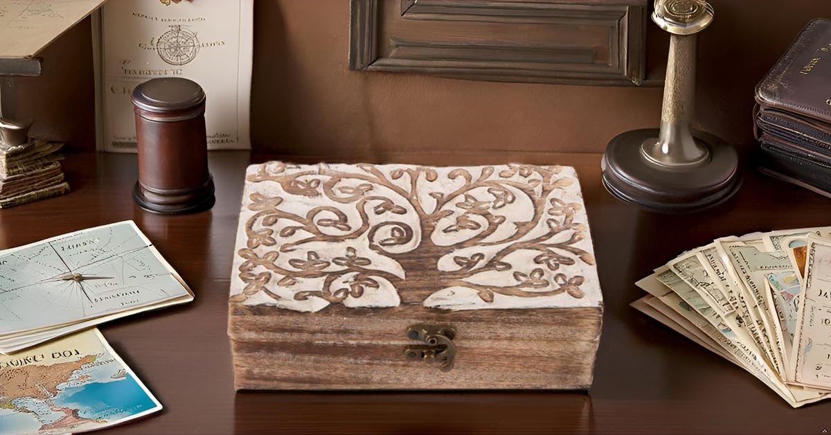 Handmade Wooden Jewelry Box with Tree of Life Carving - Jewelry Organizer, Keepsake Box & Watch Storage - Perfect Birthday, Housewarming Gift for Women - Great for Home Decor, Wedding & Anniversary Presents