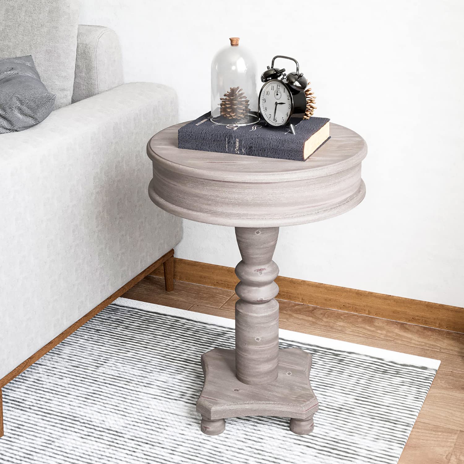 Vintage Round End Table with Wood Grain Finish - Rustic Mid-Century Modern Side Table, Nightstand or Accent Table for Living Room, Bedroom - Light Grey | Perfect for Small Spaces, Coffee Nook & Cozy Corners