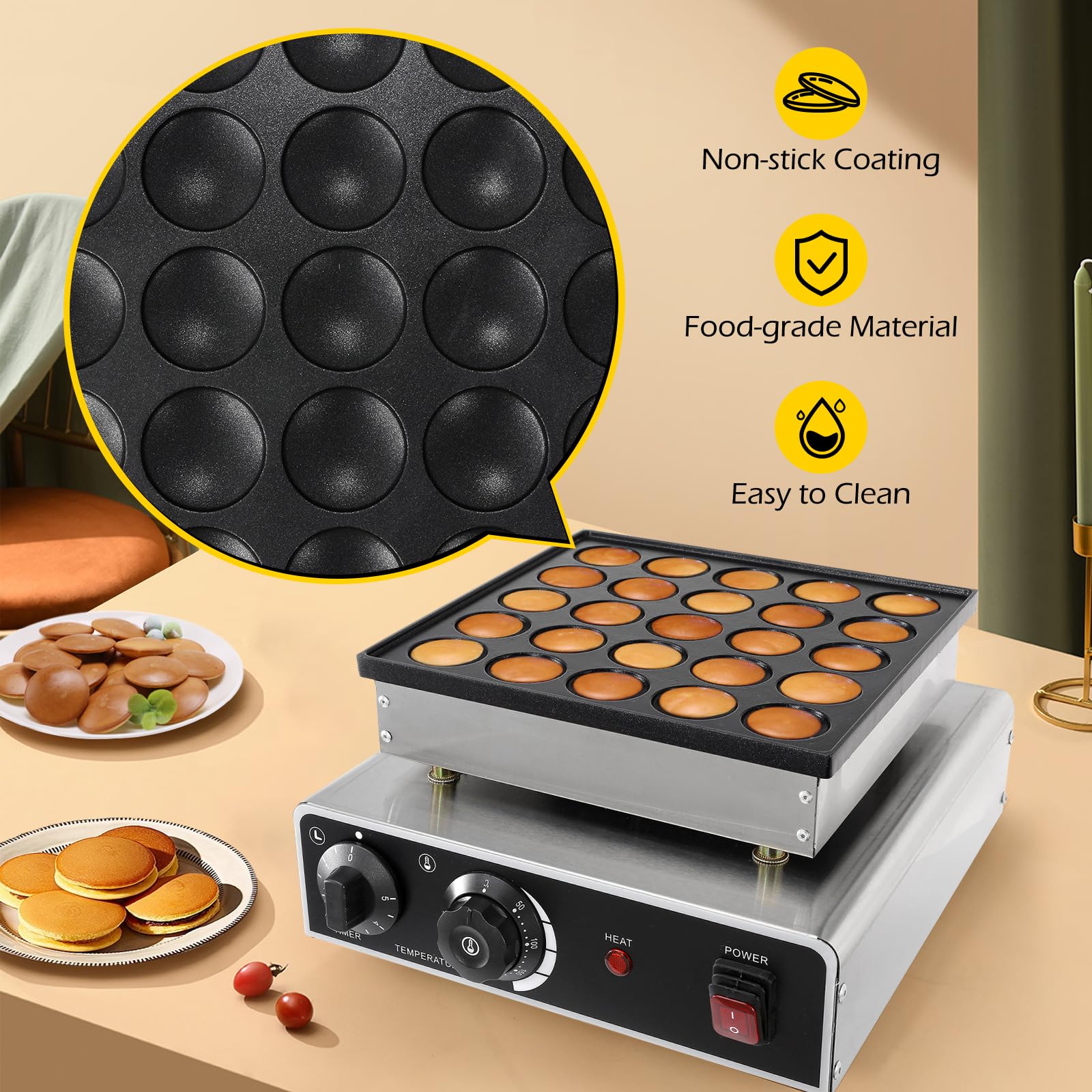 Dyna-Living Commercial Electric Mini Dutch Pancake Maker - 950W Non-Stick Dorayaki Baker Machine with 25PCS Accessories for Home Kitchen | Perfect for Breakfast, Brunch, Cafes & Dessert Shops