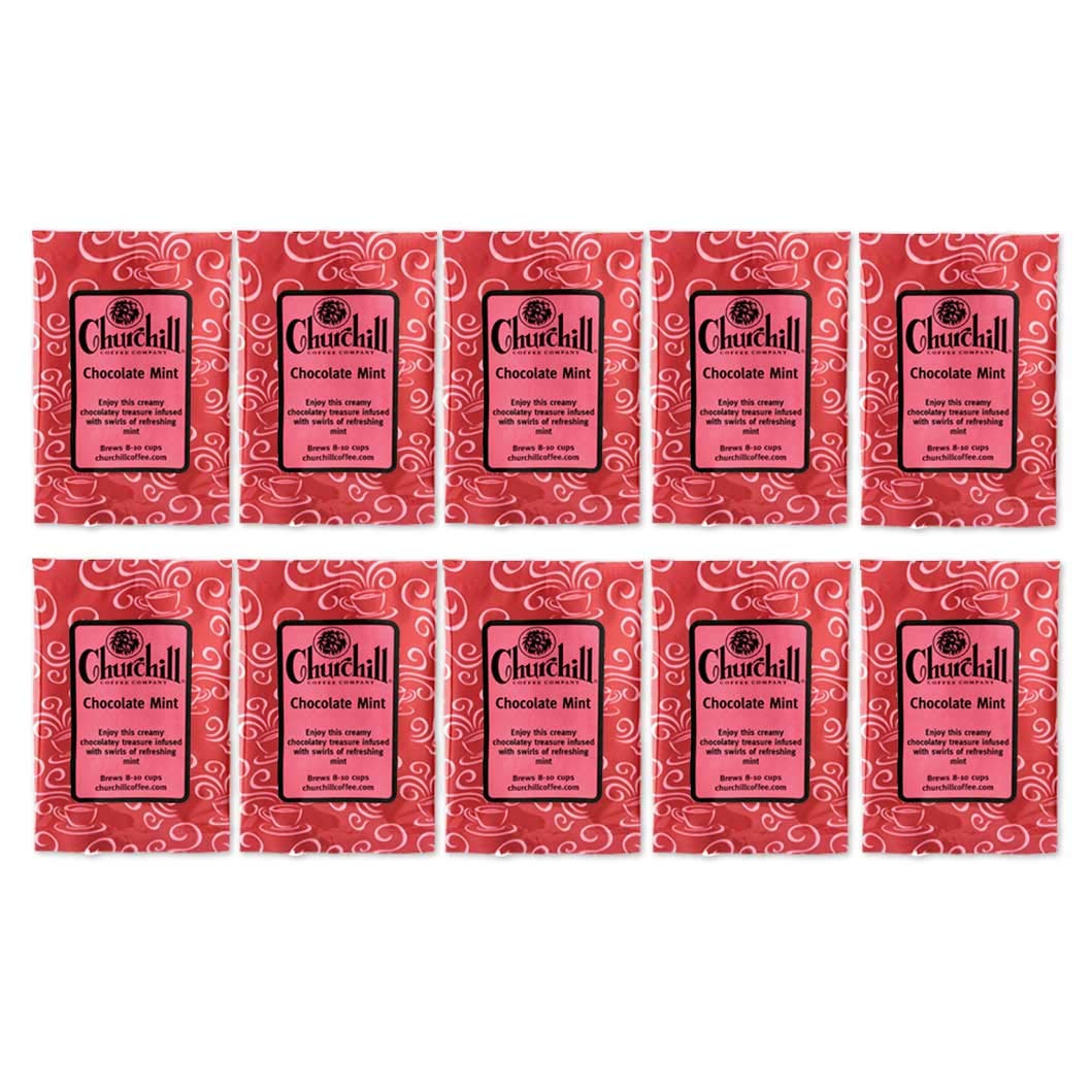 Churchill Coffee Chocolate Mint Flavored Ground Coffee - 10 Portioned Packs (1.5 oz Each) - Perfect for Office, Home Brewing & Gift Giving
