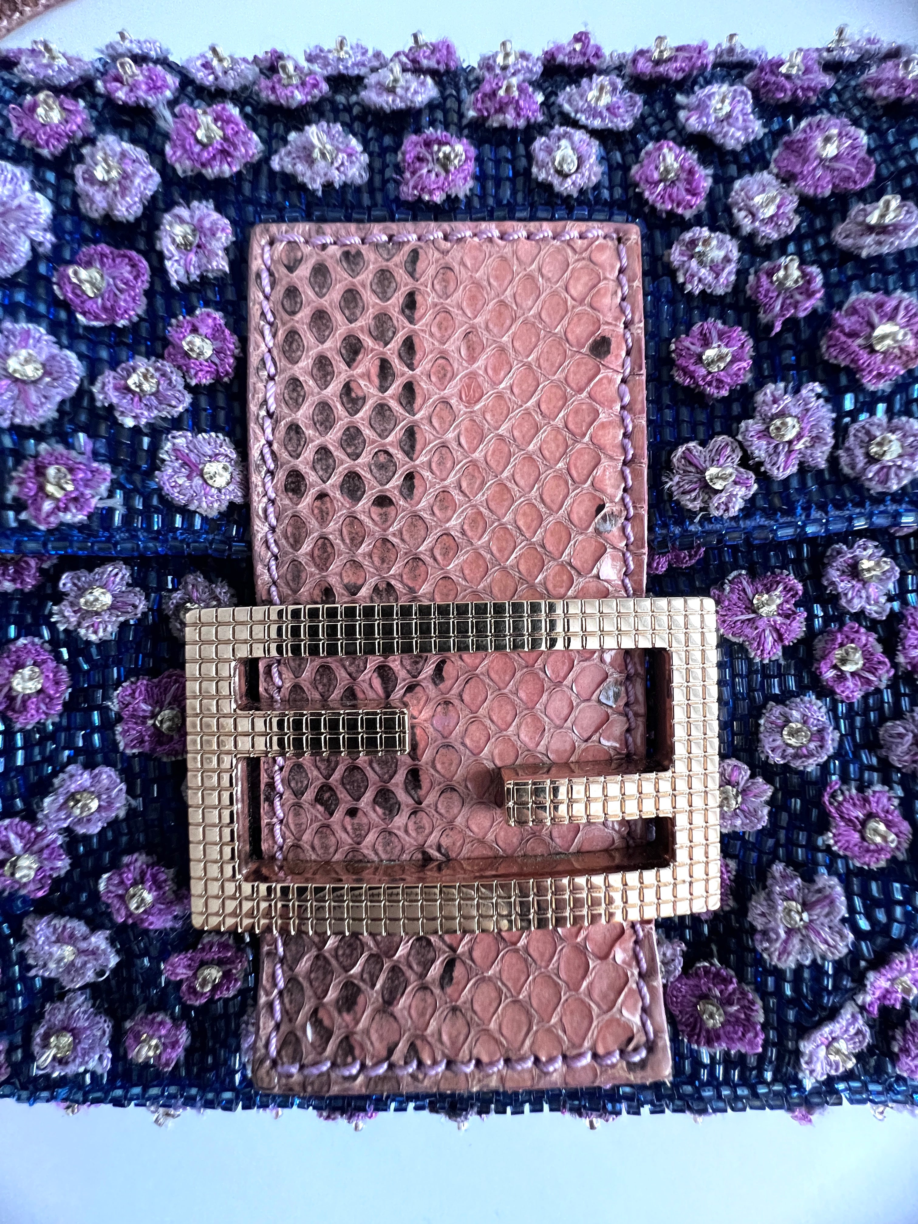 Fendi Blue Beaded Rhinestone Baguette Bag with Purple Flowers - Elegant Evening Clutch for Parties, Weddings & Special Occasions