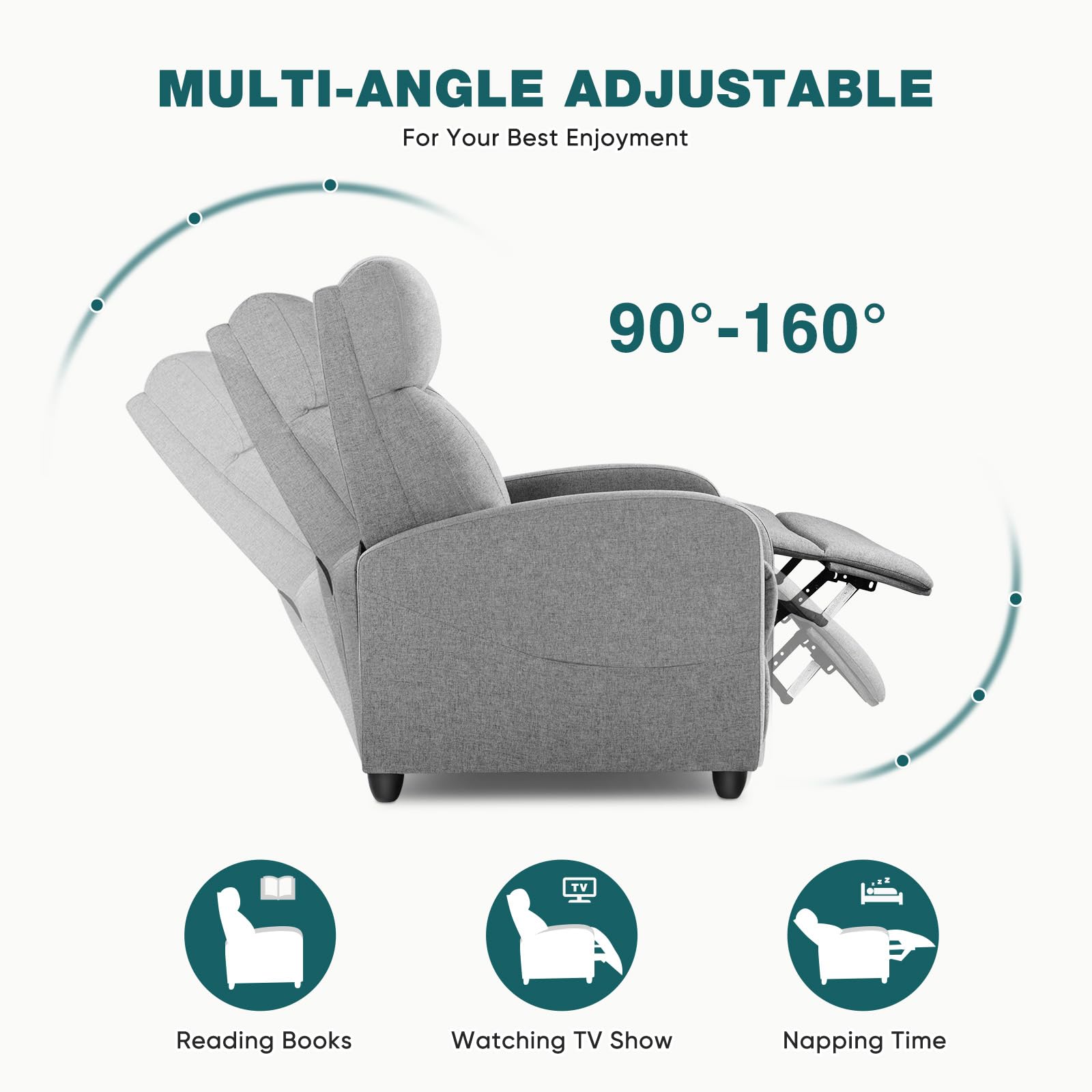 Modern Recliner Chair with Adjustable Backrest & Footrest - Soft Fabric Upholstered Living Room Armchair in Grey Linen | Perfect for Home Theater, Reading Nook & Small Space Furniture