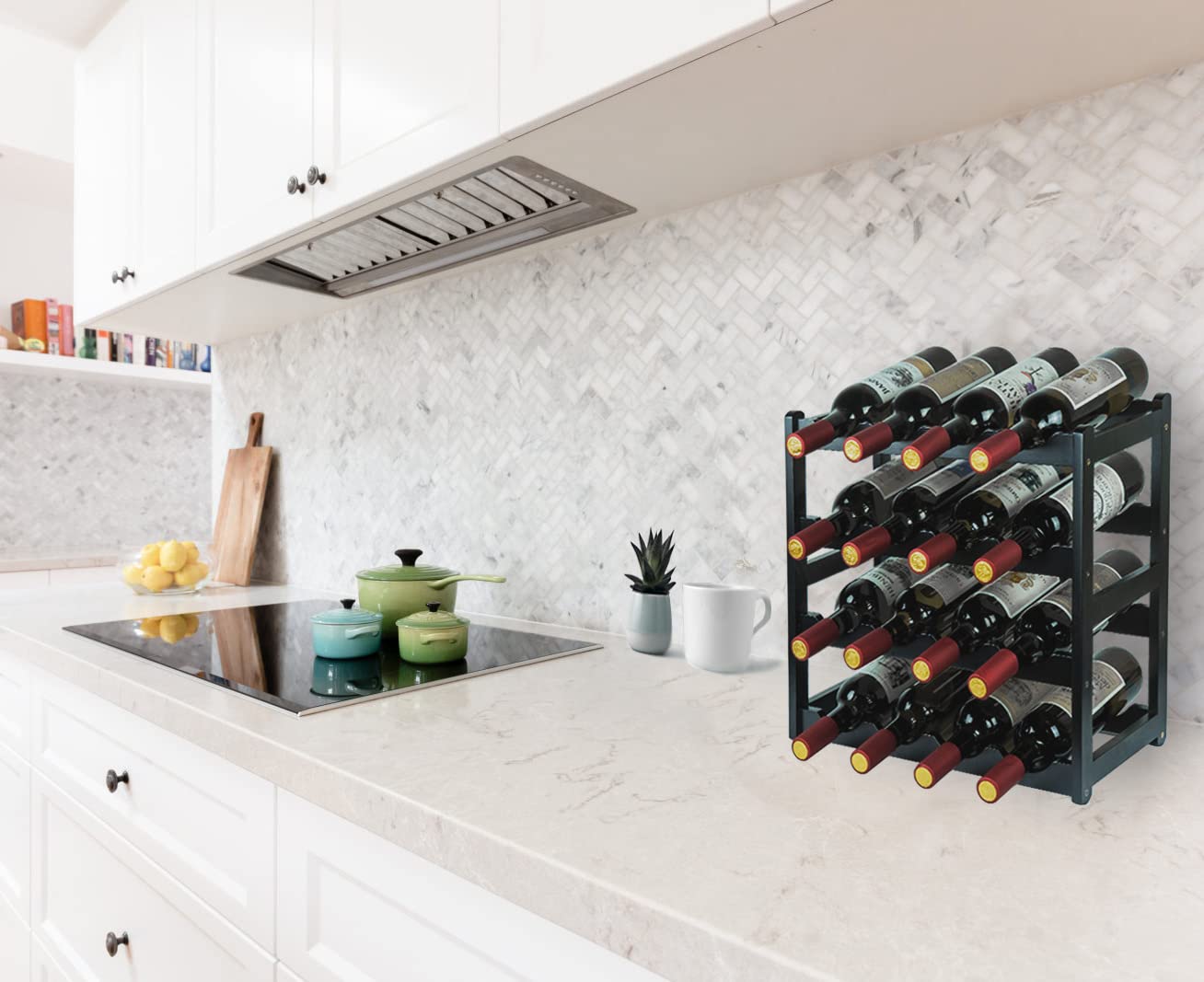 Sturdy 4-Tier Bamboo Wine Rack - Holds 16 Bottles, Durable Countertop Wine Storage Cabinet for Kitchen, Pantry & Dining Room - Black Wine Shelf Organizer for Home Bar & Entertaining