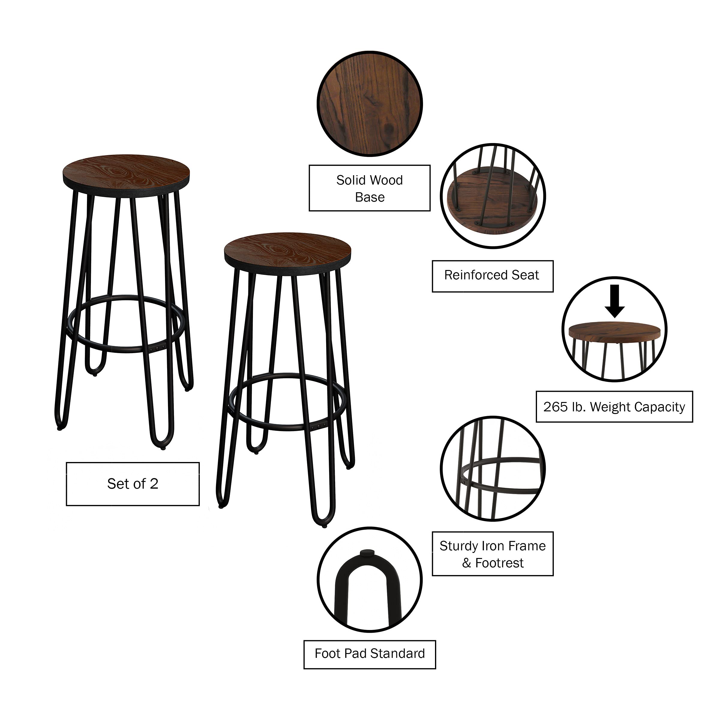Set of 2 Modern 24-Inch Bar Stools with Hairpin Metal Legs & Solid Wood Seat - Backless Counter Height Stools for Kitchen Island, Breakfast Bar, Dining Room or Home Pub - Lavish Home