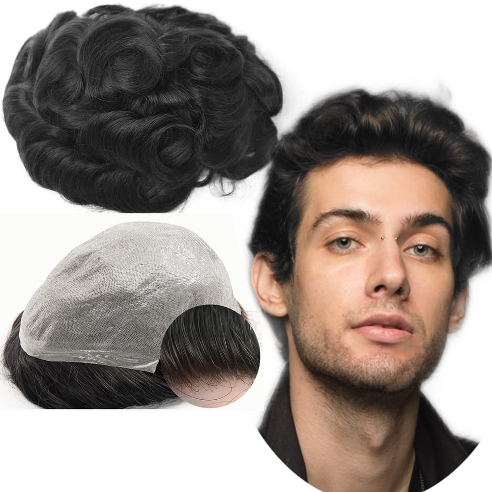 Premium Men's Toupee Hair System - 100% European Human Hair Wavy Replacement with 0.04mm Soft Thin Skin PU V-loop (#1B Off Black, 8x10) | Natural Looking Hairpiece for Men | Perfect for Daily Wear, Special Occasions & Hair Loss Solutions