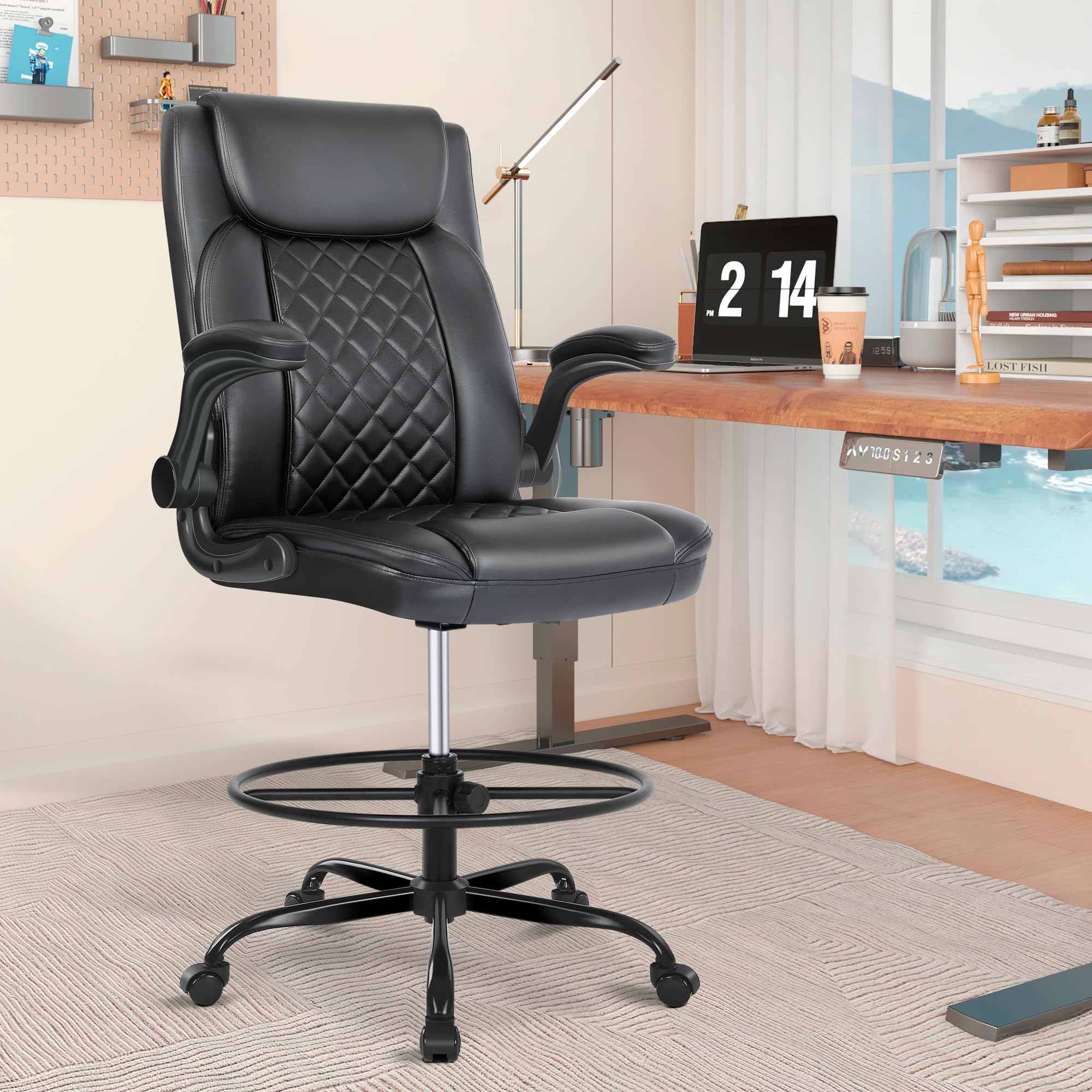 Ergonomic Adjustable Height Tall Office Chair - Leather Drafting Chair for Standing Desk, Home & Office Use - Perfect for Architects, Designers & Long Work Hours