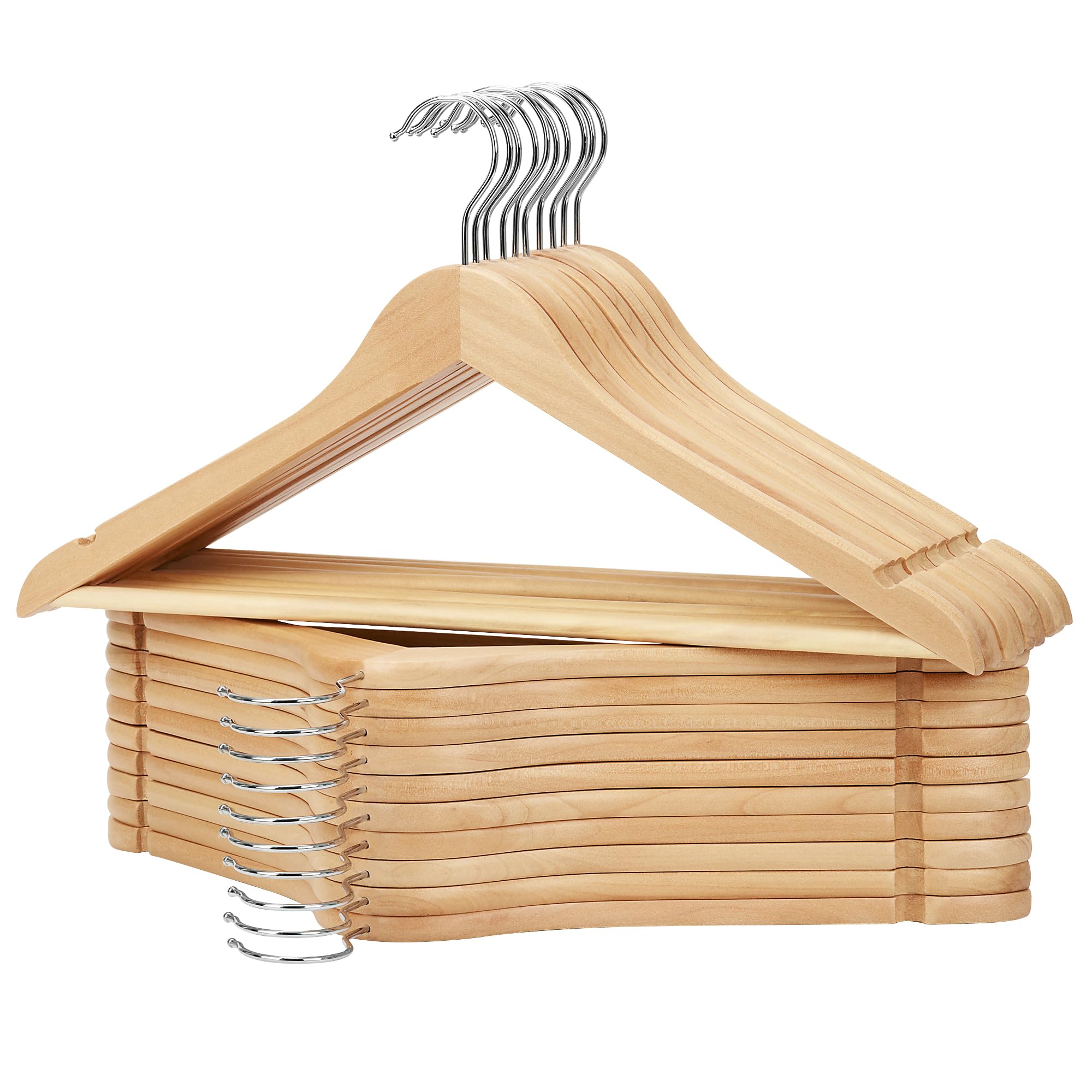 Premium Wooden Clothes Hangers 20-Pack - Natural Wooden Coat Hangers for Jackets, Shirts, Pants & Suits - Space-Saving Wardrobe Organizer for Closet, Laundry Room & Travel