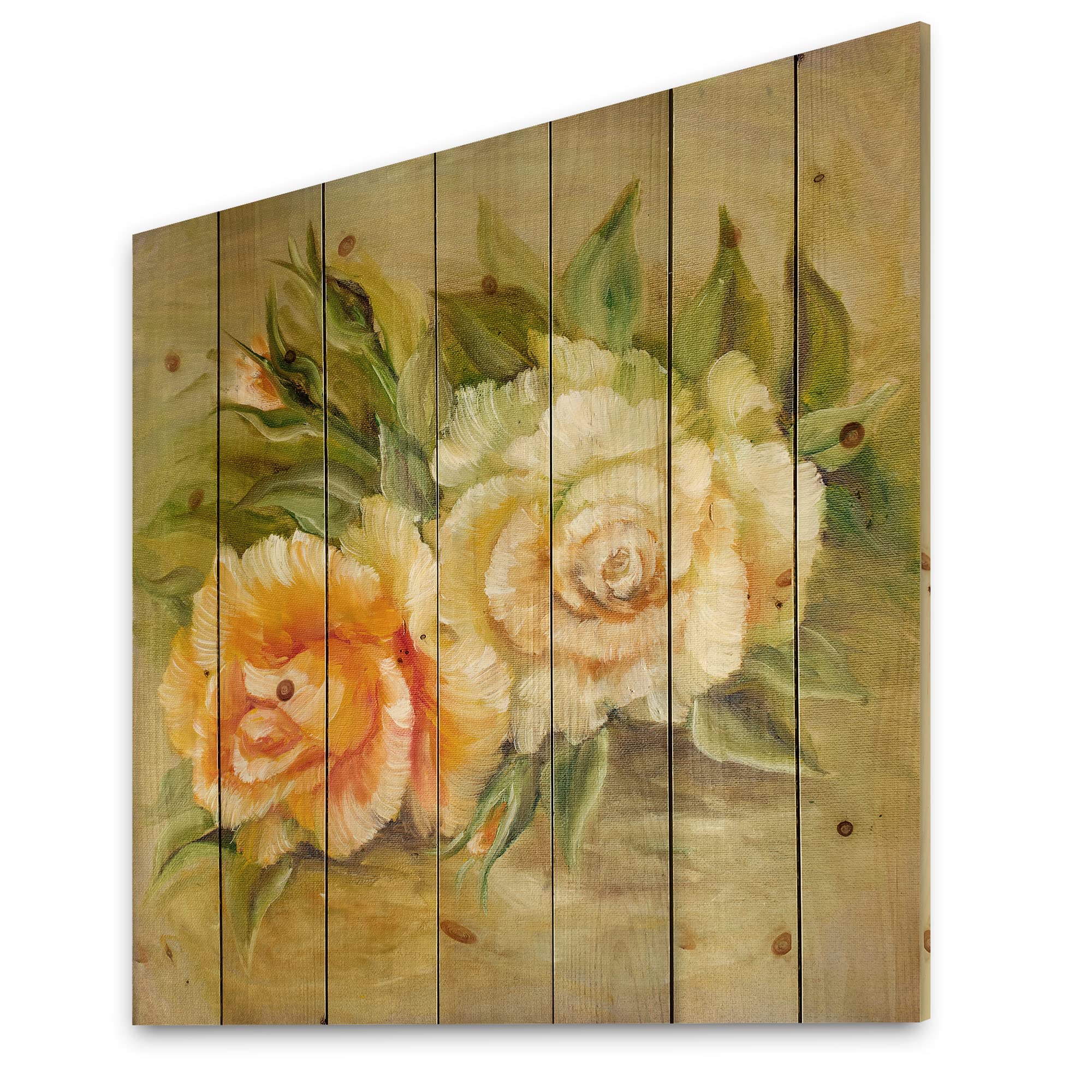 Vintage White & Yellow Roses Wood Wall Decor - Floral Pine Art for Living Room