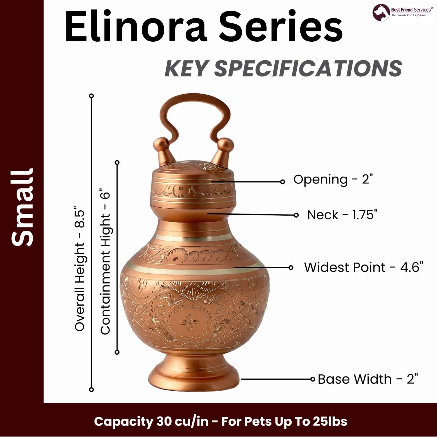 Hand Carved Brass Pet Cremation Urn for Dogs & Cats - Elegant Memorial Urn for Pet Ashes (Brilliant Copper, Small) | Perfect for Home Memorials, Pet Loss Gifts & Remembrance Ceremonies