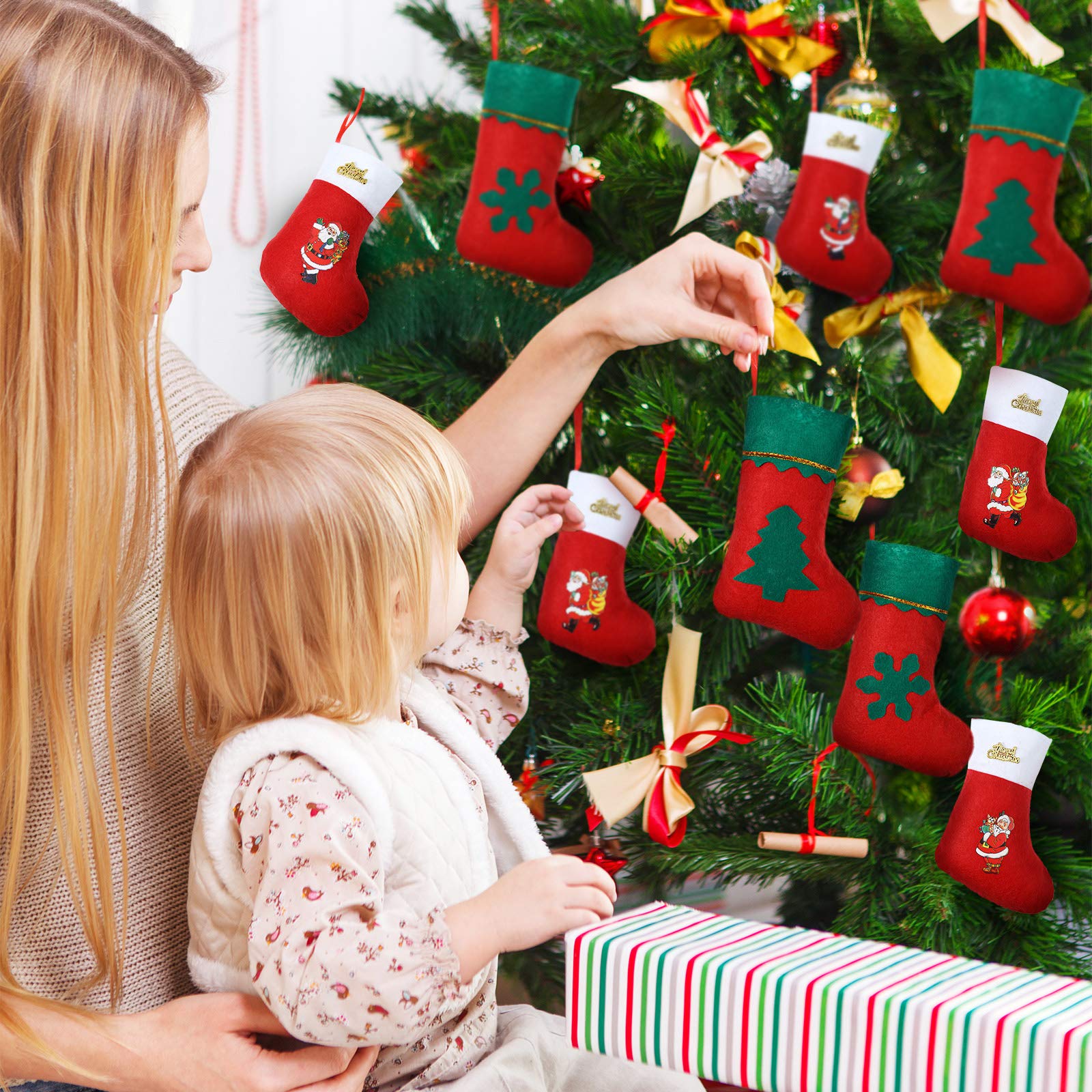 24-Piece Mini Christmas Stocking Set - Red Hanging Socks with Snowflake Design for Xmas Cards, Silverware & Tableware - Perfect for Rustic Christmas Tree Decorations & Holiday Table Settings