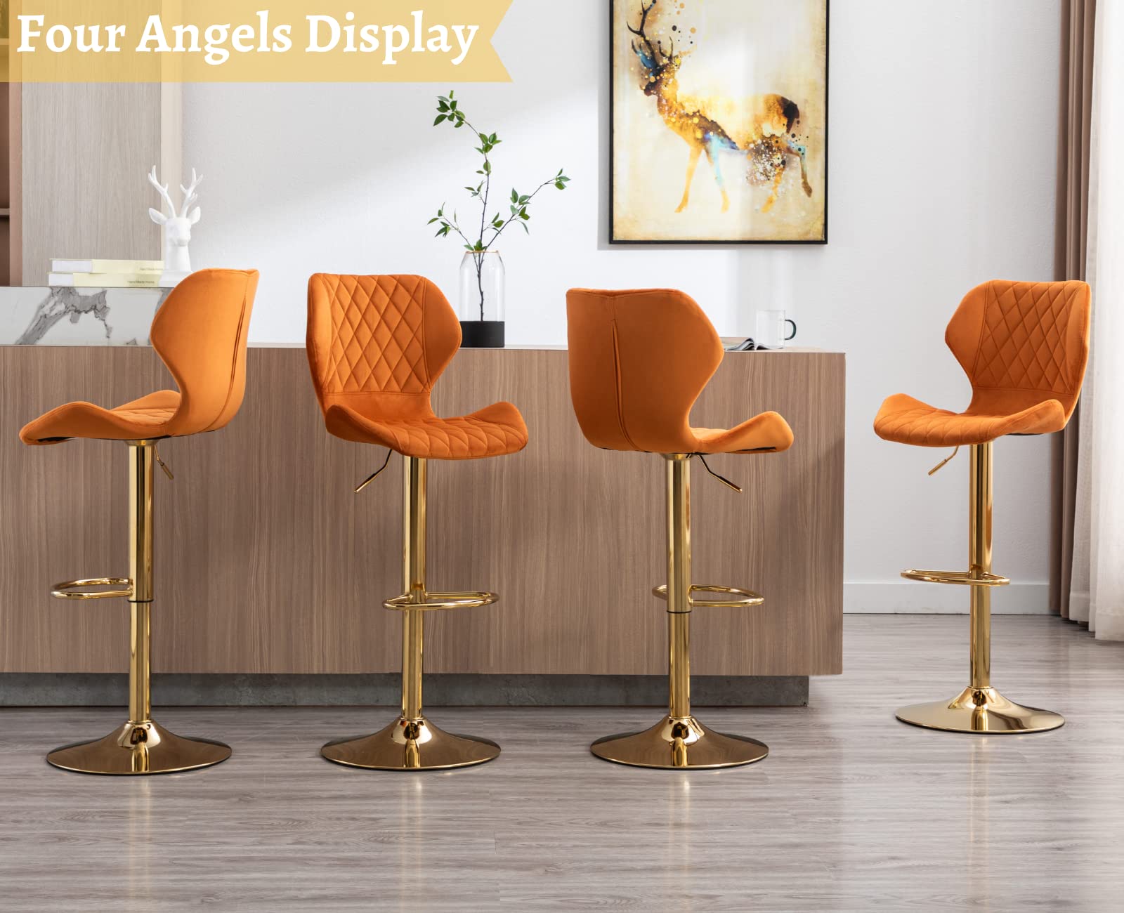 EALSON Set of 4 Velvet Swivel Bar Stools with Backrest & Gold Base - Adjustable Counter Height Kitchen Island Stools for Home Bar, Dining Room & Breakfast Nook - Modern Orange Bar Chairs for Entertaining & Casual Dining