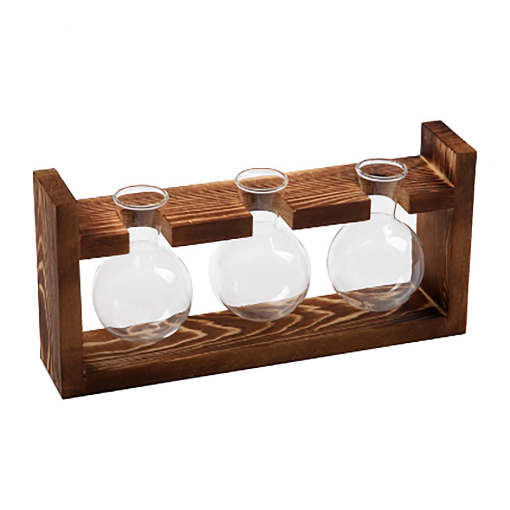 Retro Solid Wood Stand Glass Planter Bulb Vase - 3 Pack Hydroponic Plant Grow Kit for Home Garden, Office Decor & Wedding Centerpieces | Indoor Herb Garden Starter | Succulent & Flower Display