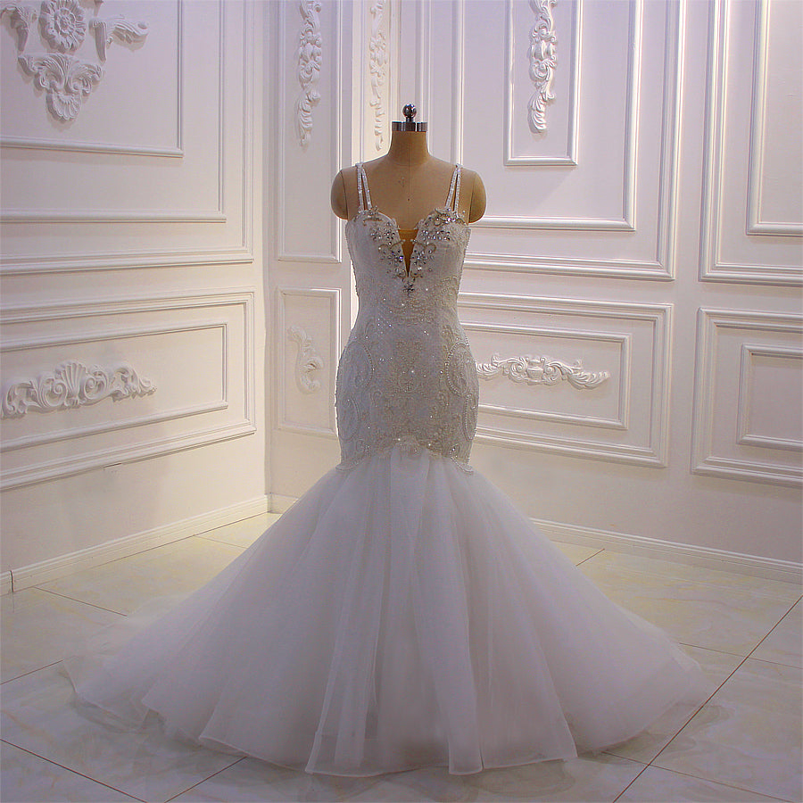 Custom Made Spaghetti Strap Lace Applique Crystal Mermaid Wedding Dress – Elegant Bridal Gown for Beach, Church & Formal Weddings