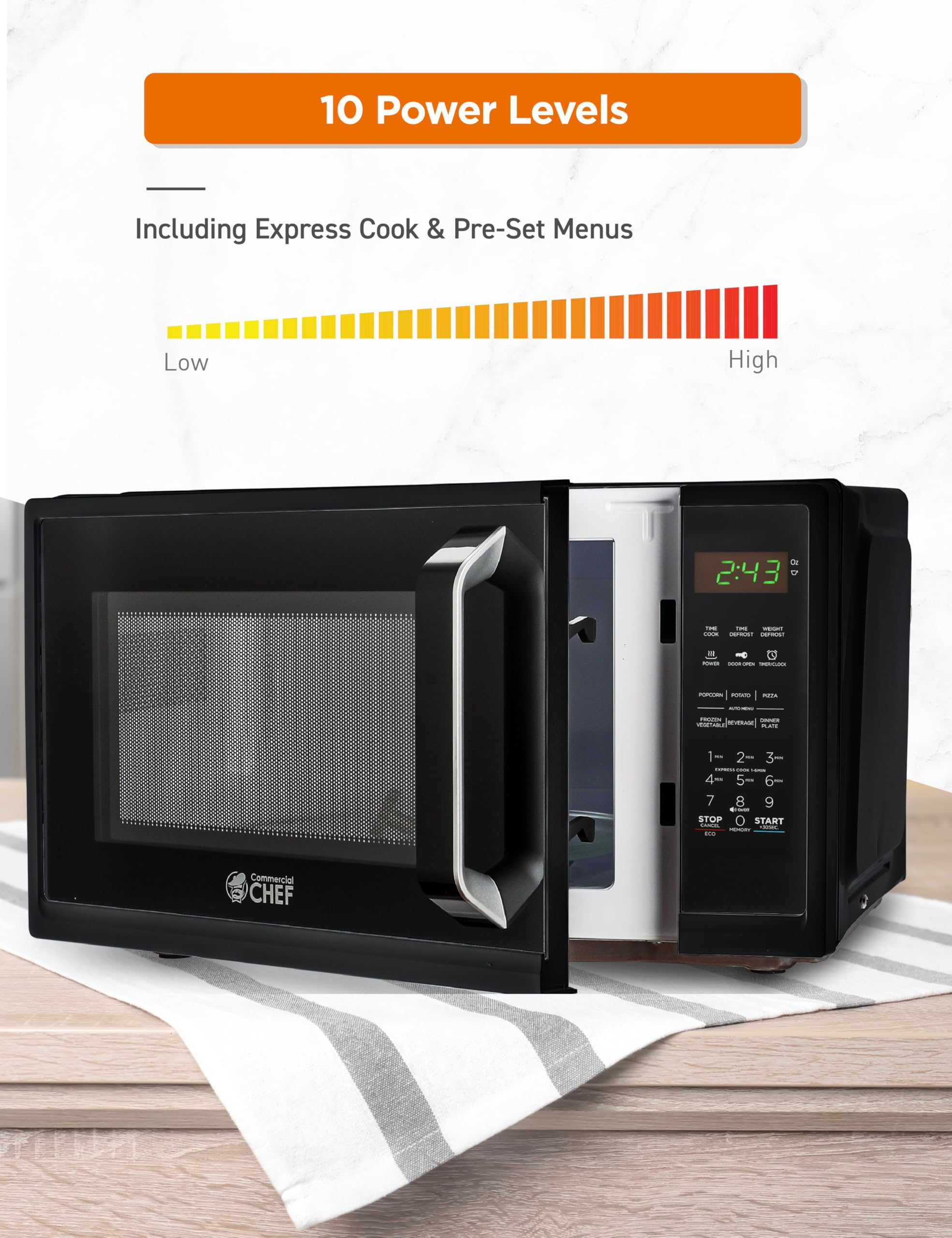 Commercial Chef 0.9 Cu Ft Compact Microwave Oven - 900W Countertop Microwave with 10 Power Levels, Digital Display, Safety Lock & Kitchen Timer - Perfect for Dorms, Offices & Small Kitchens - Black