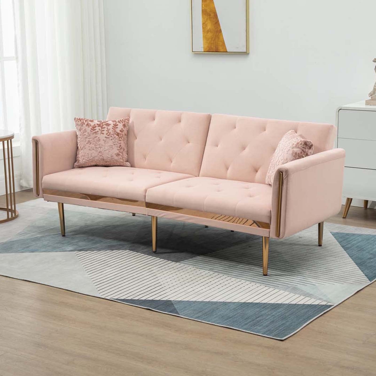 Velvet Convertible Futon Sofa Bed with 2 Pillows - Modern Upholstered Sleeper Loveseat with 7 Metal Legs for Small Spaces, Office, Apartment & Studio - Perfect for Guest Room, Dorm or Home Theater (Pink)