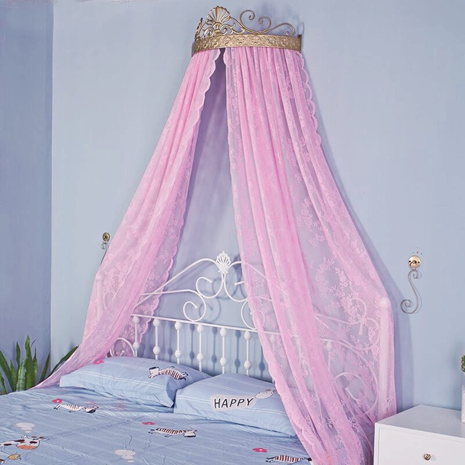 Elegant Princess Lace Bed Canopy with Gold Metal Crown - Floral Sheer Curtain for King/Queen/Full Size Beds (Pink) | Perfect for Girls' Bedrooms, Wedding Decor & Boho Chic Home Decor